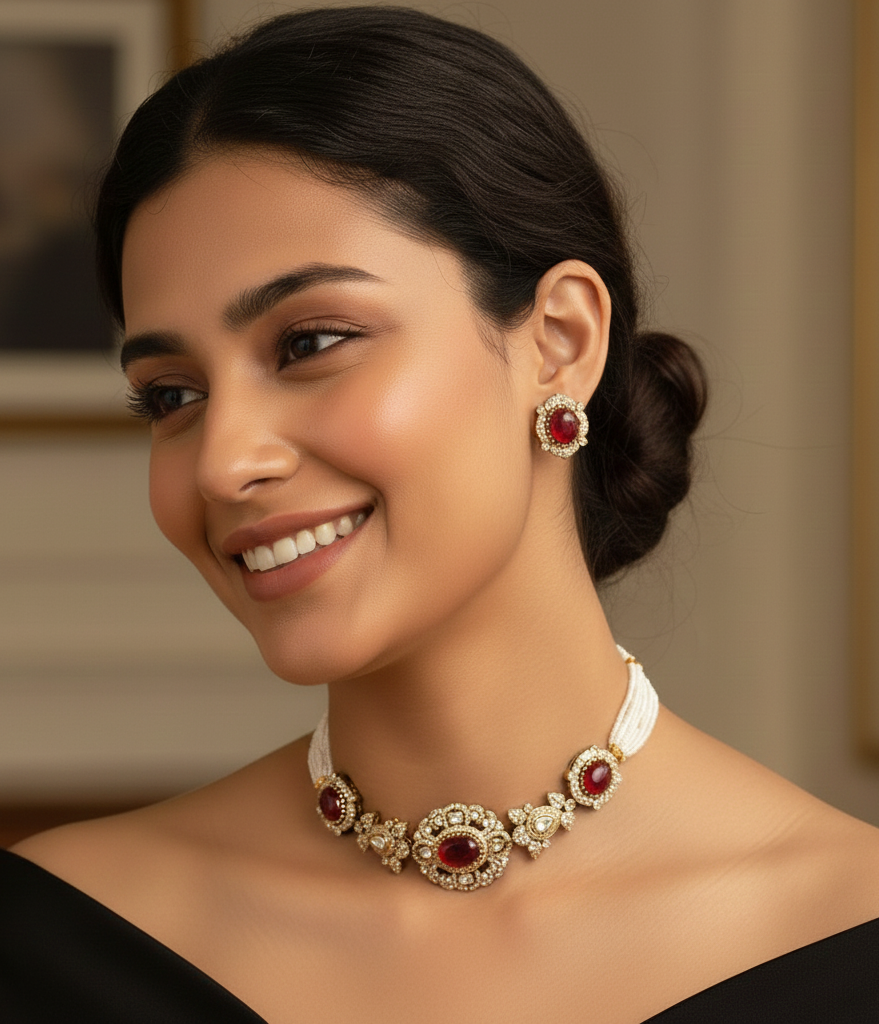 Ruby Polki Stone Kundan Choker Necklace With Studs