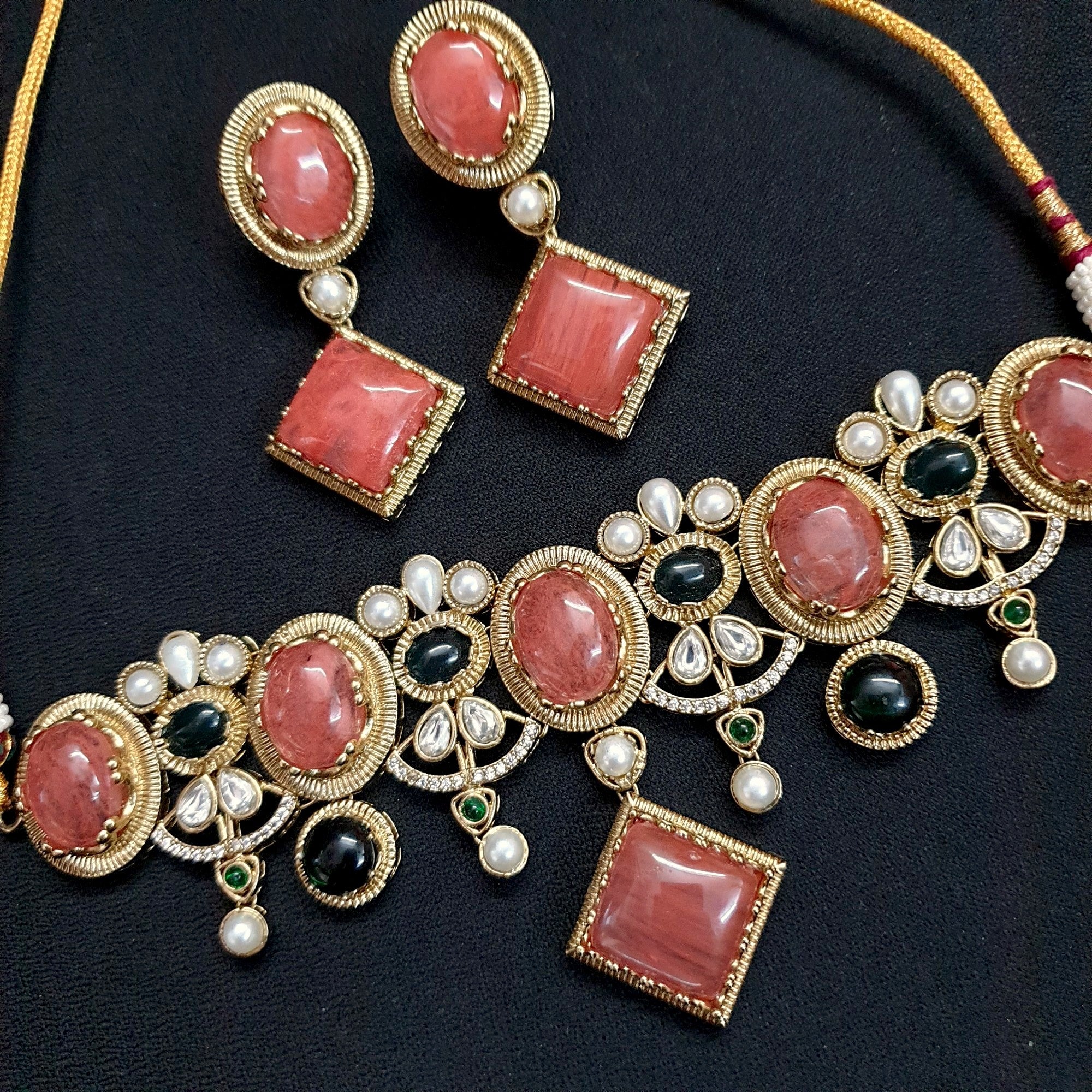 Gold Tone Peach Pink Designer Sabyasachi Inspired Choker Necklace
