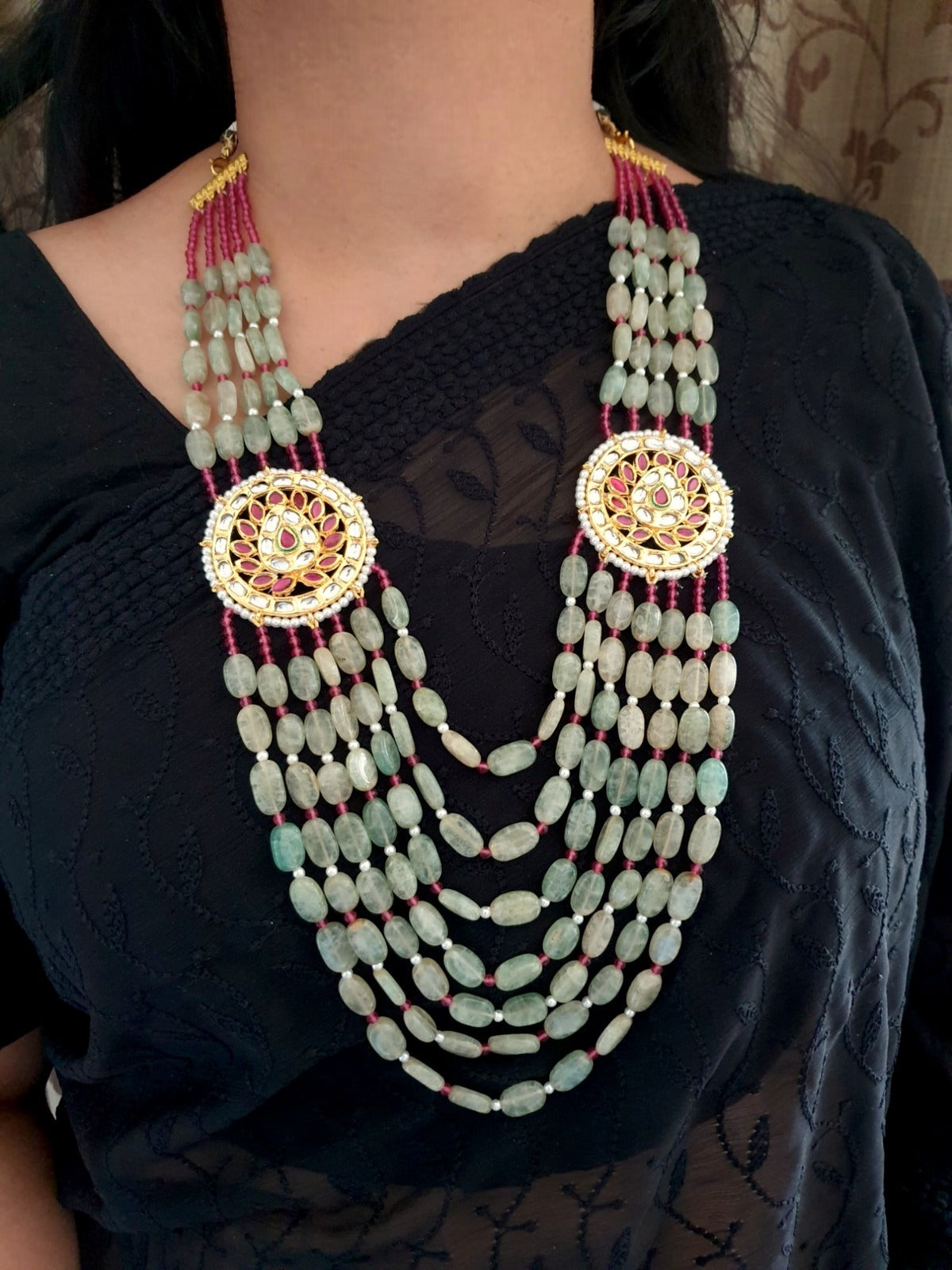 Green Kundan Brooch Long  Necklace
