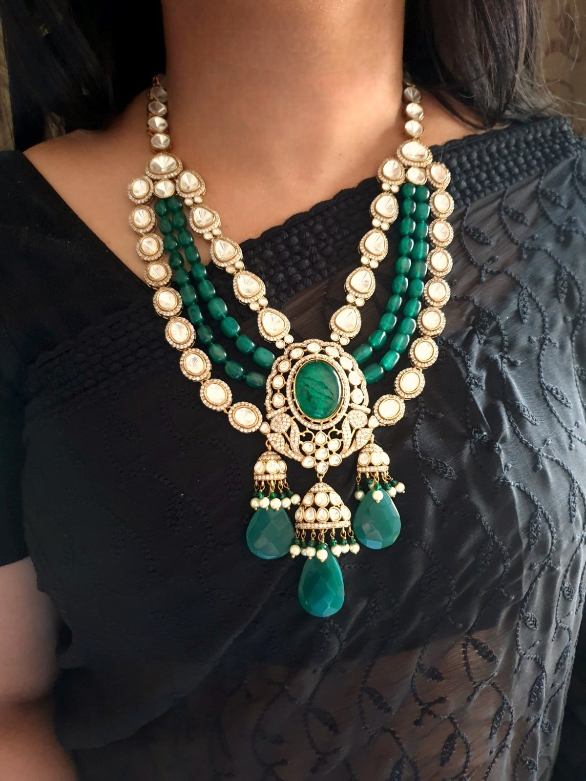 Green Kundan Polki Long Necklace Set With Earrings