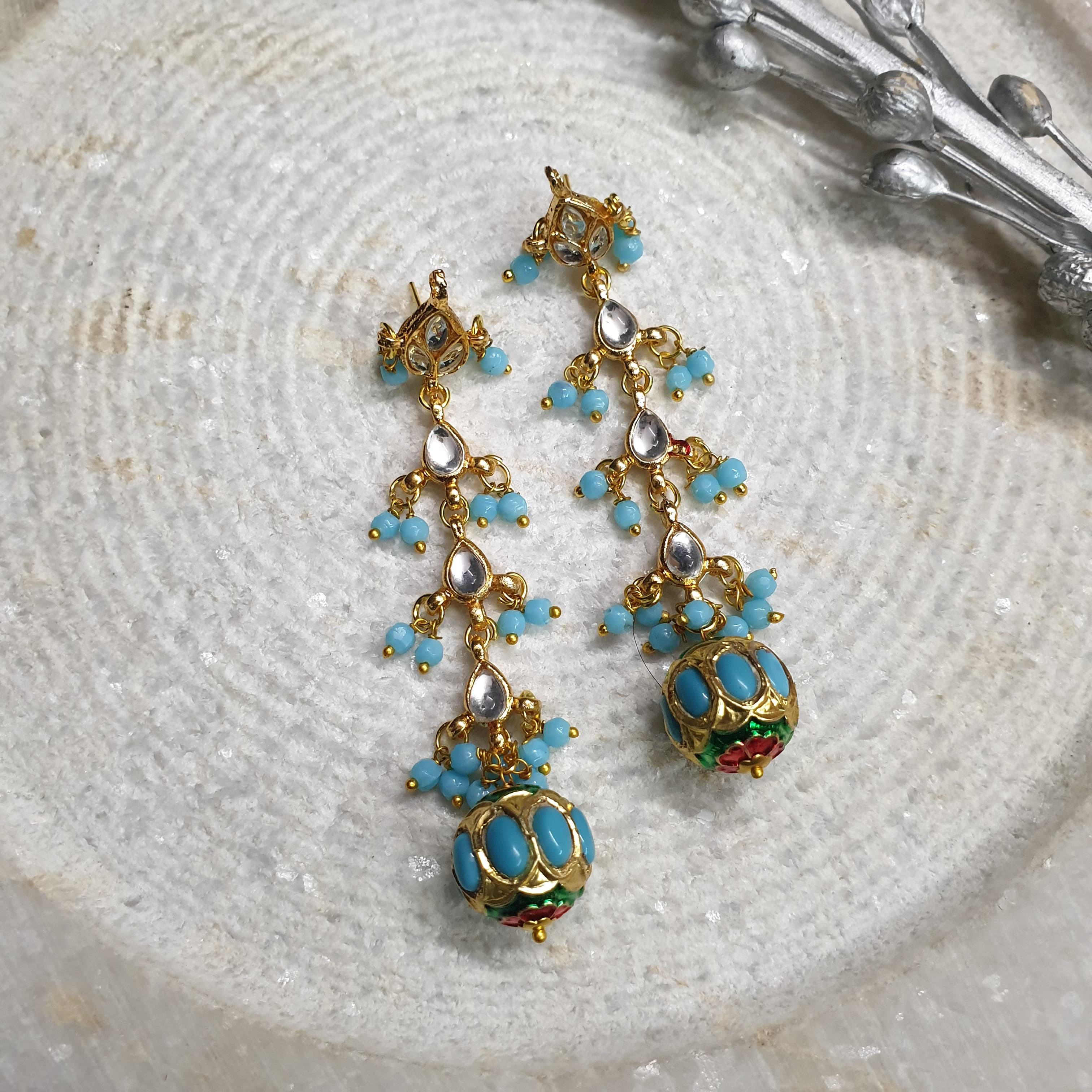 Delicate Turquoise Jadau Bead Kundan Earrings