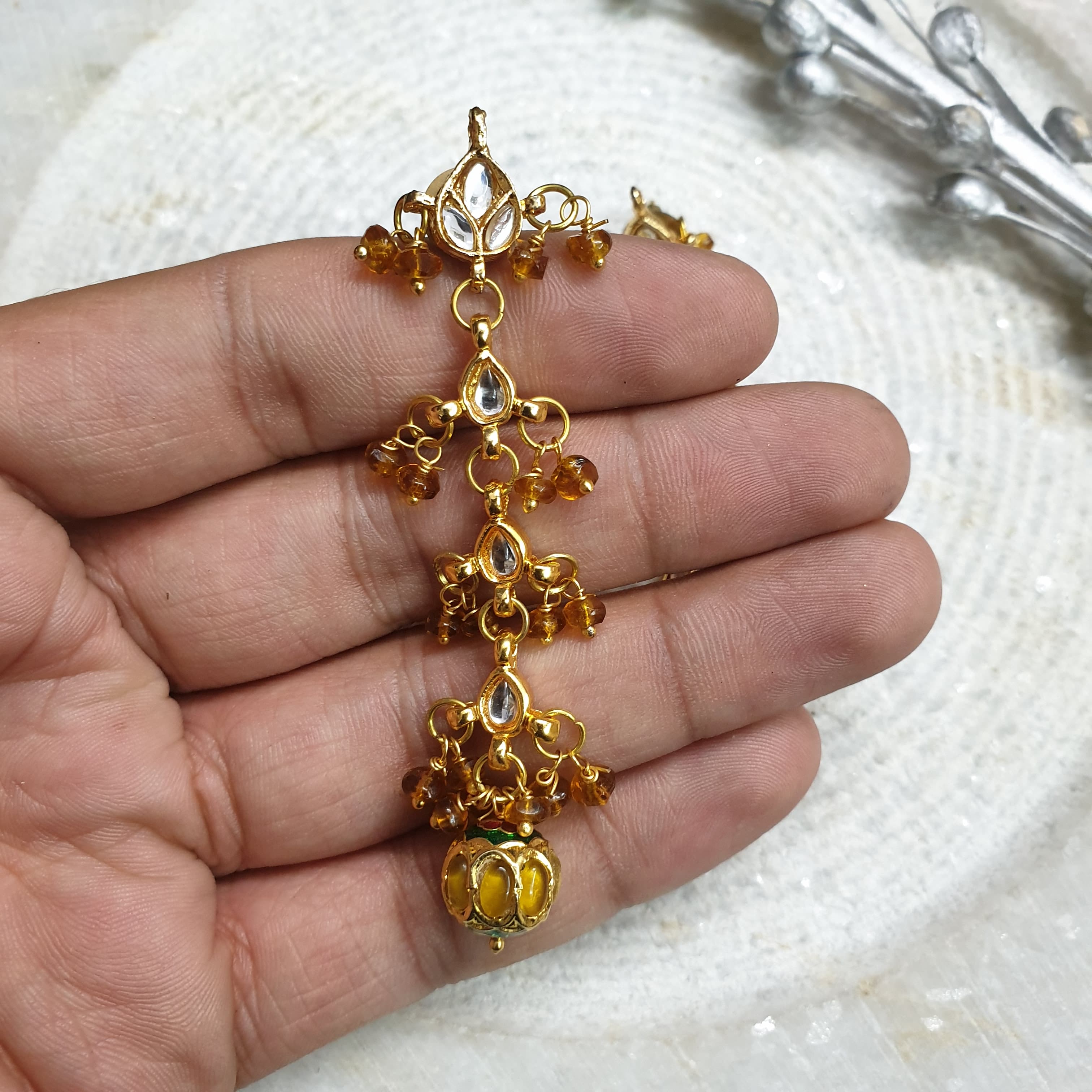 Delicate Golden Jadau Bead Kundan Earrings