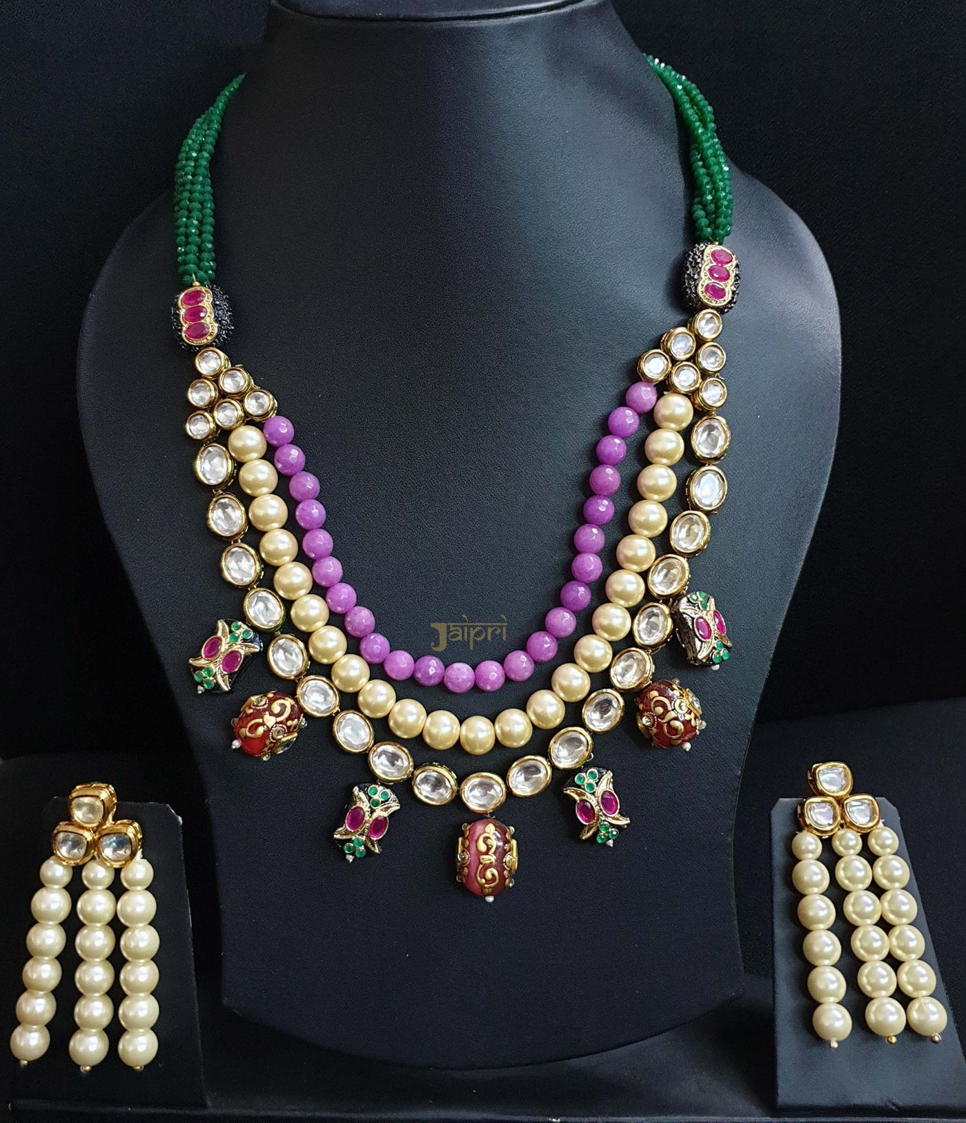 Purple And Pearl Beaded Kundan Necklace With Earrings