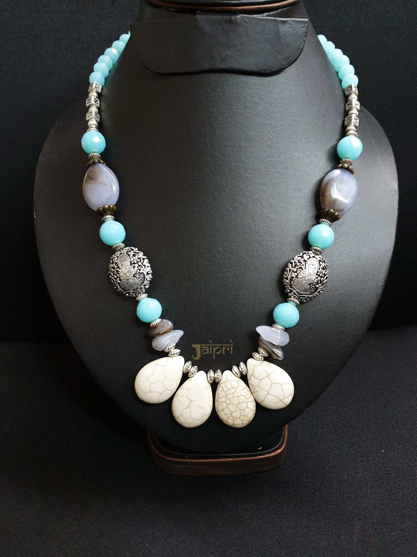 Tear-Drop White & Firoza Stone Temple Necklace