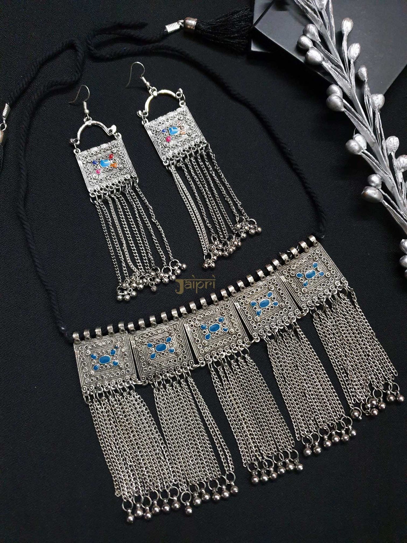 Oxidized Statement Choker Necklace With Earrings
