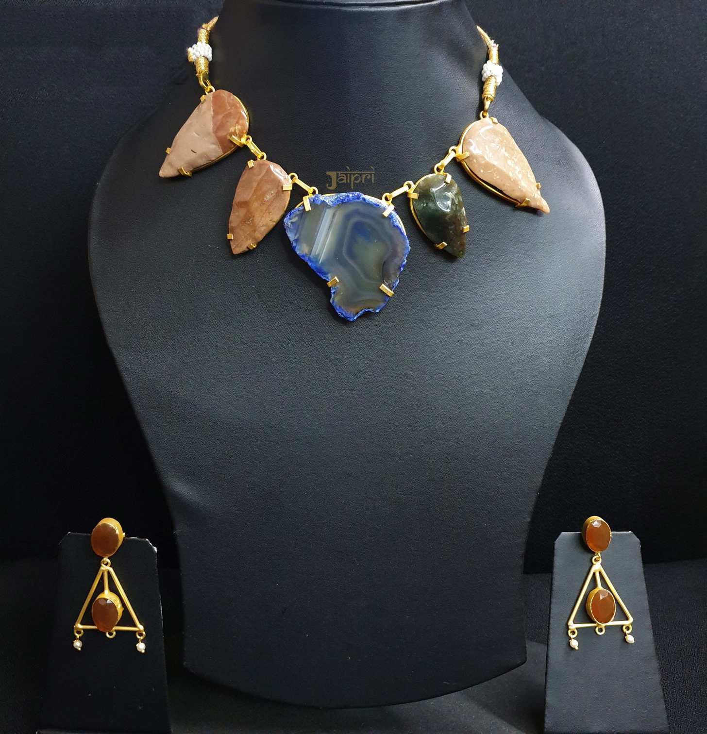 Uneven Stone Unique Gold Necklace With Earrings