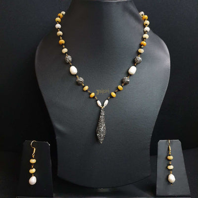 Pearl & Yellow Beads Stone Adorable Necklace With Earrings