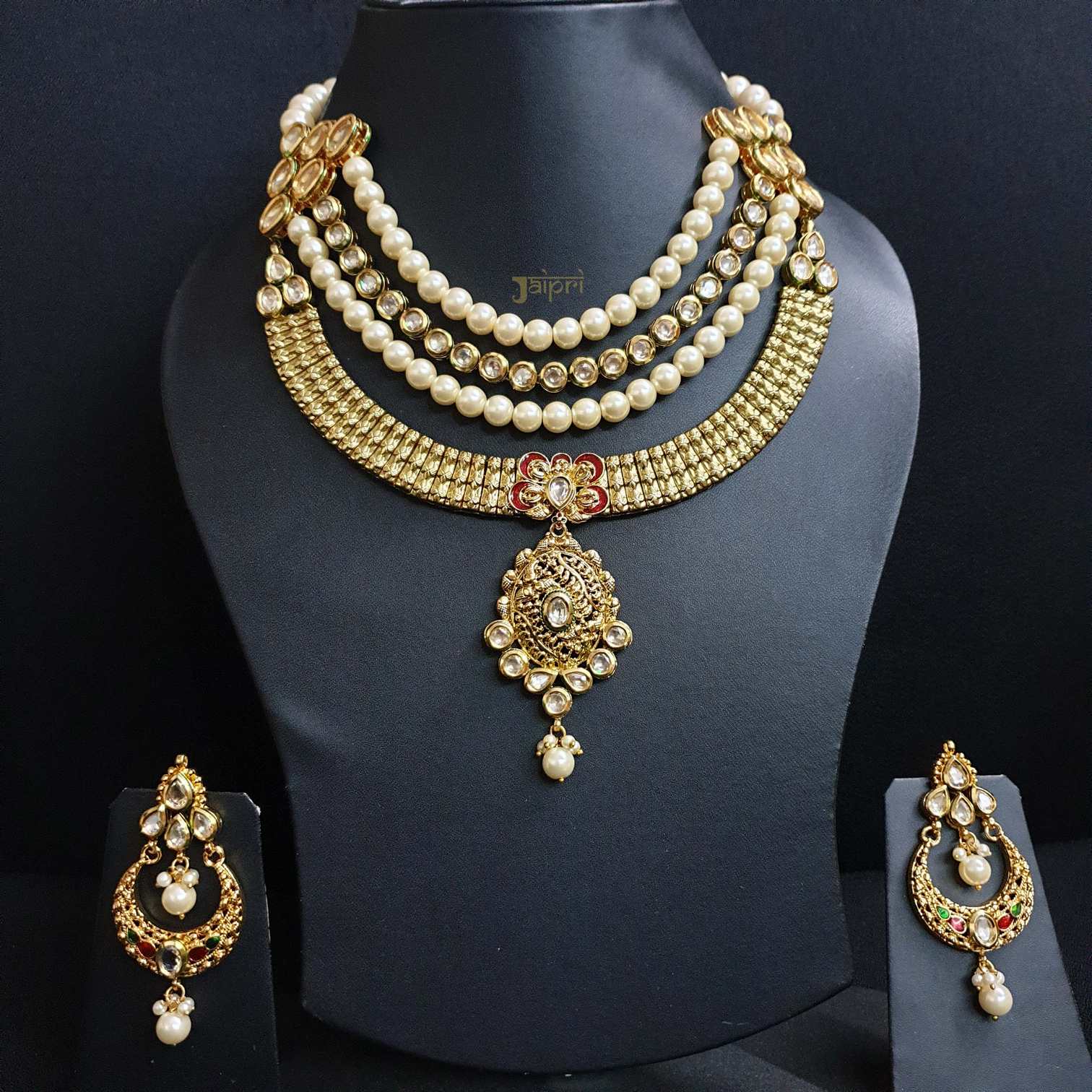 Floral Kundan-Jadau & Pearl Beads Stone Gold Necklace With Earrings