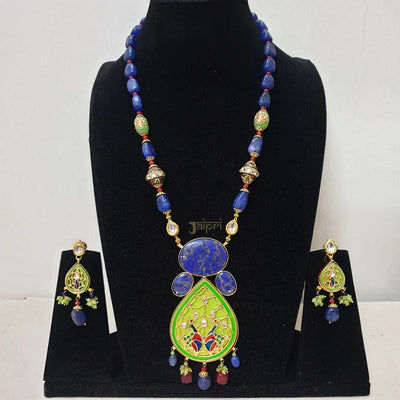 Blue Beads Stone & Meenakari Fusion Pendant With Earrings