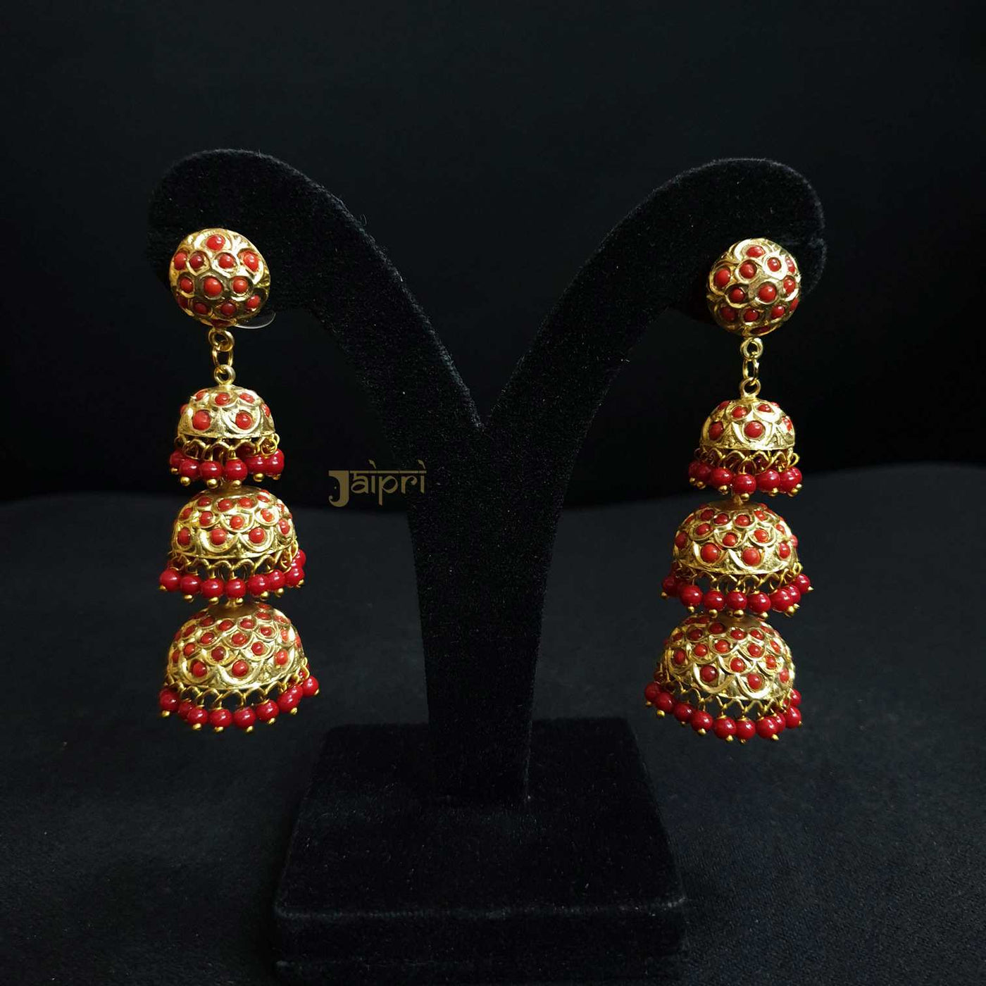 Three Layer Jhumki Gold Design Munga Stone Earrings