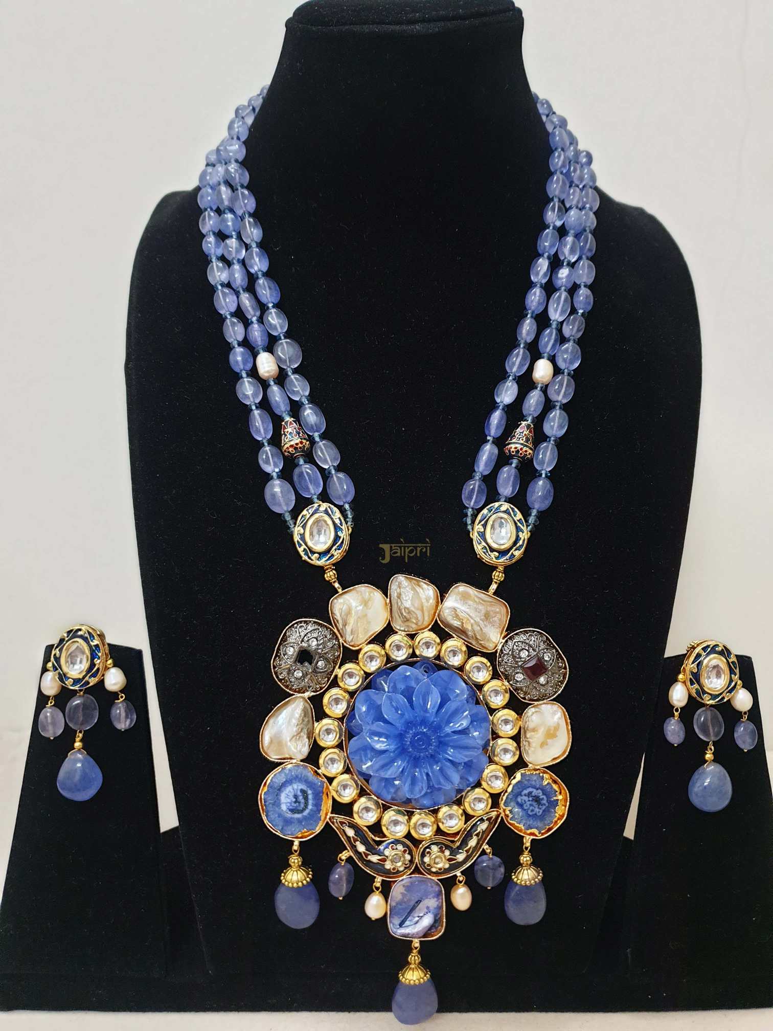 Floral Blue Beads Stone Fusion Statement Pendant With Earrings