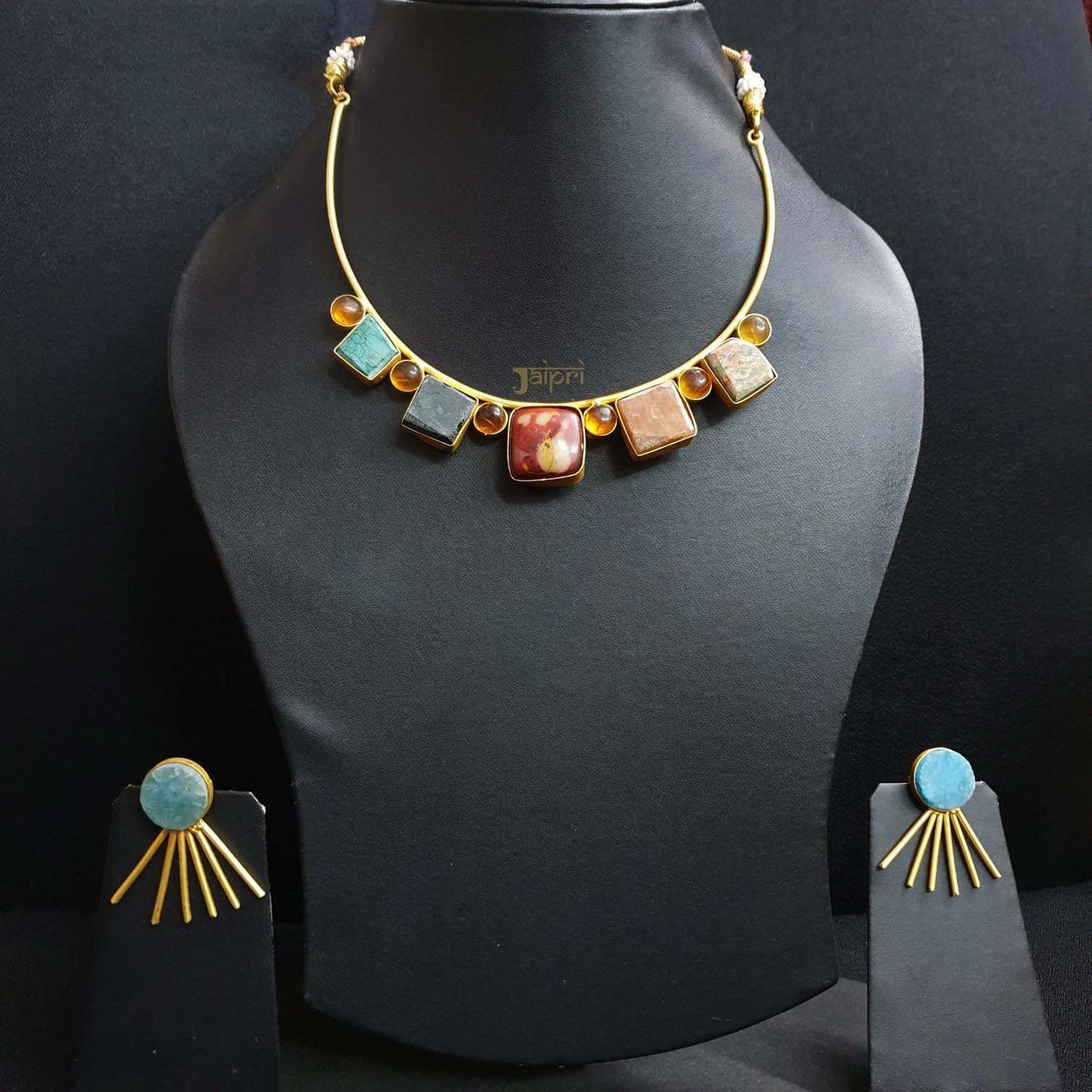 Designer Multicolor Gold Choker Necklace With Earrings