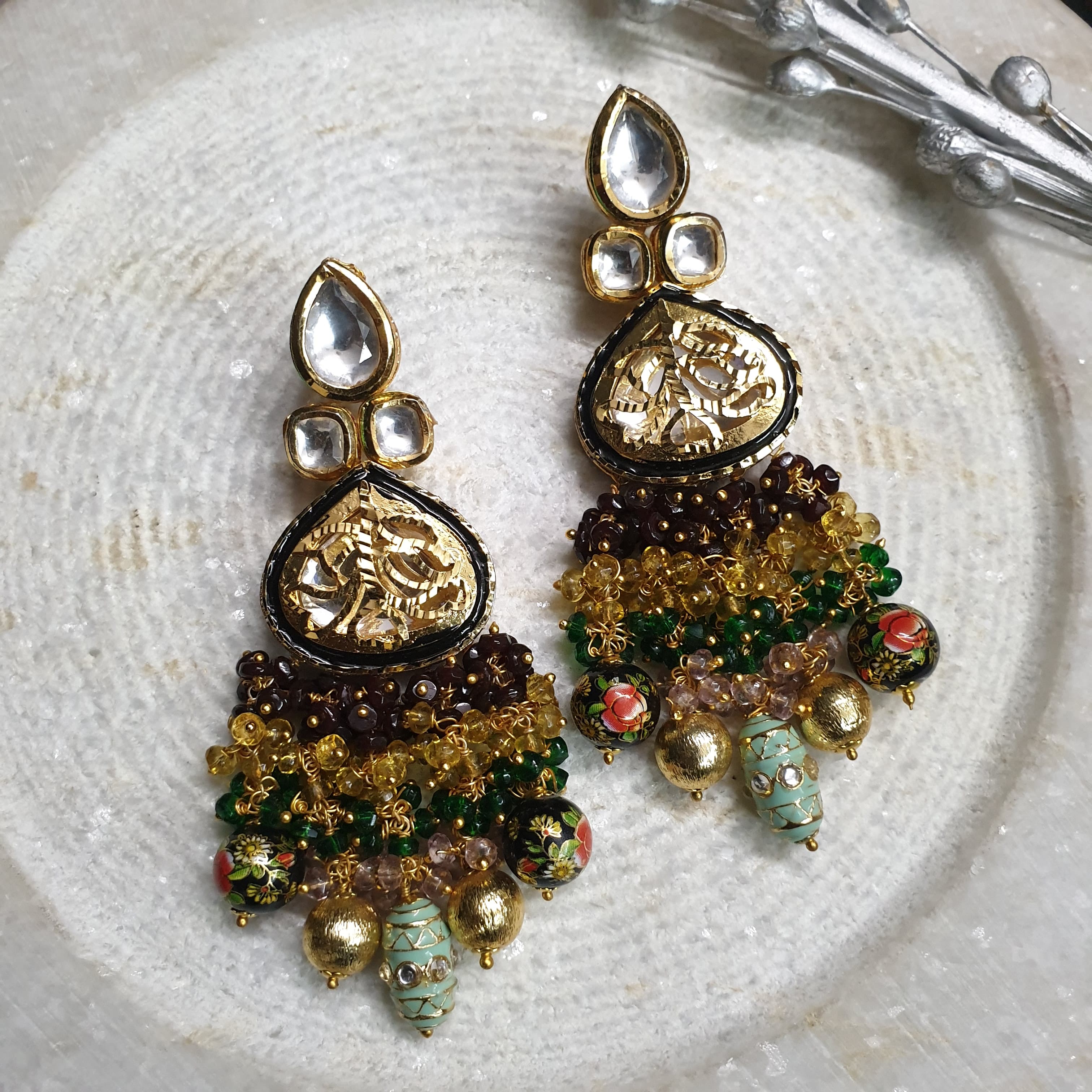 Gold Tone Kundan Bridal Beaded Earrings