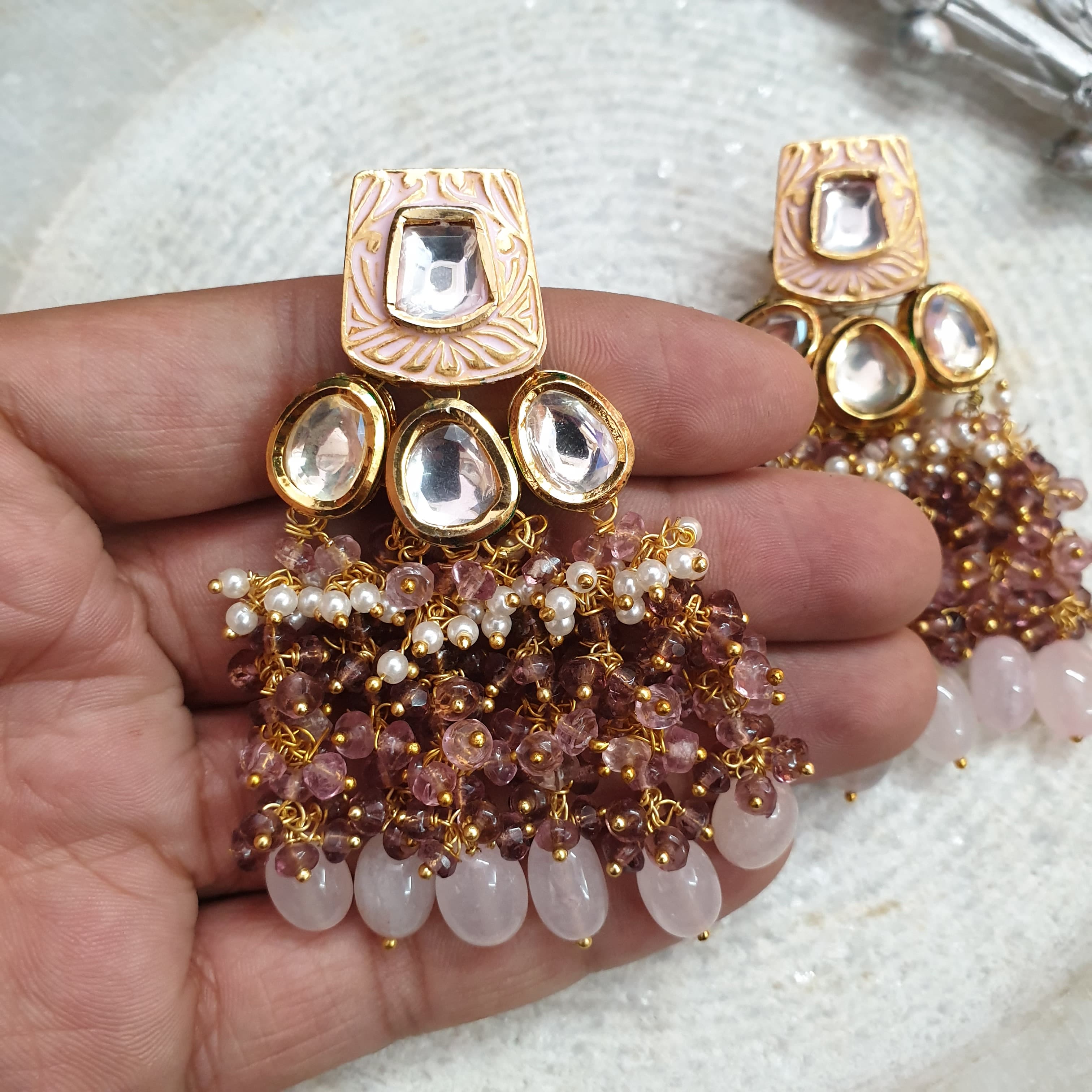 Rose Quartz Stone Kundan & Meenakari Earrings