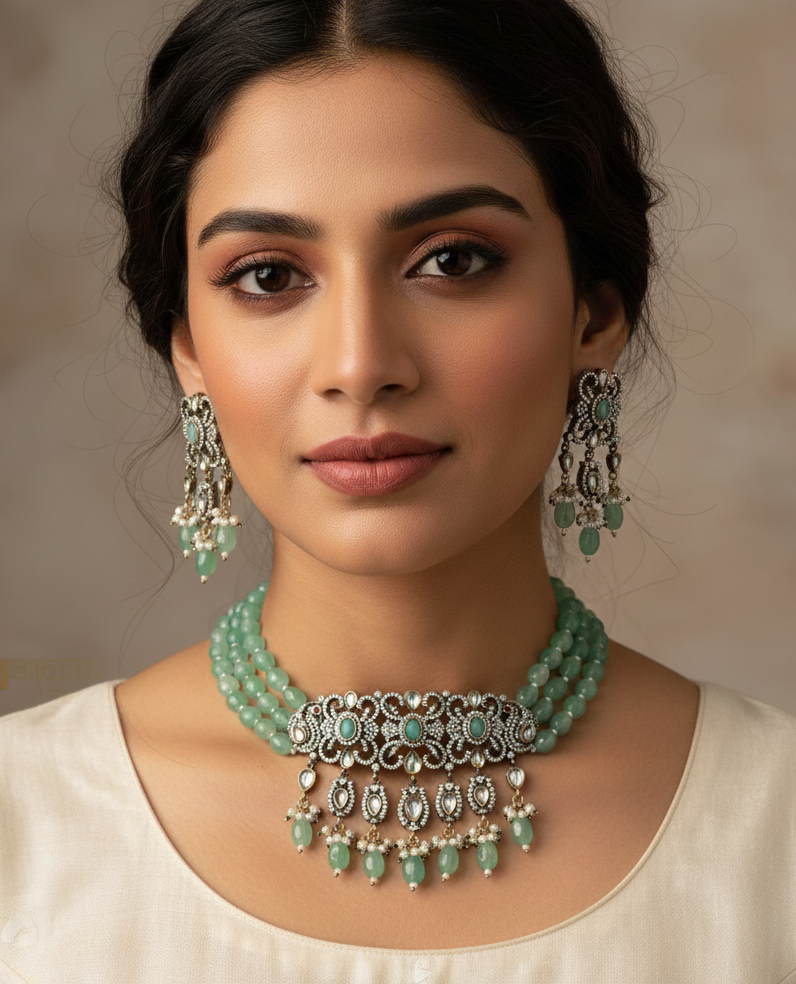 Mint Green American Diamond Choker Necklace With Earrings