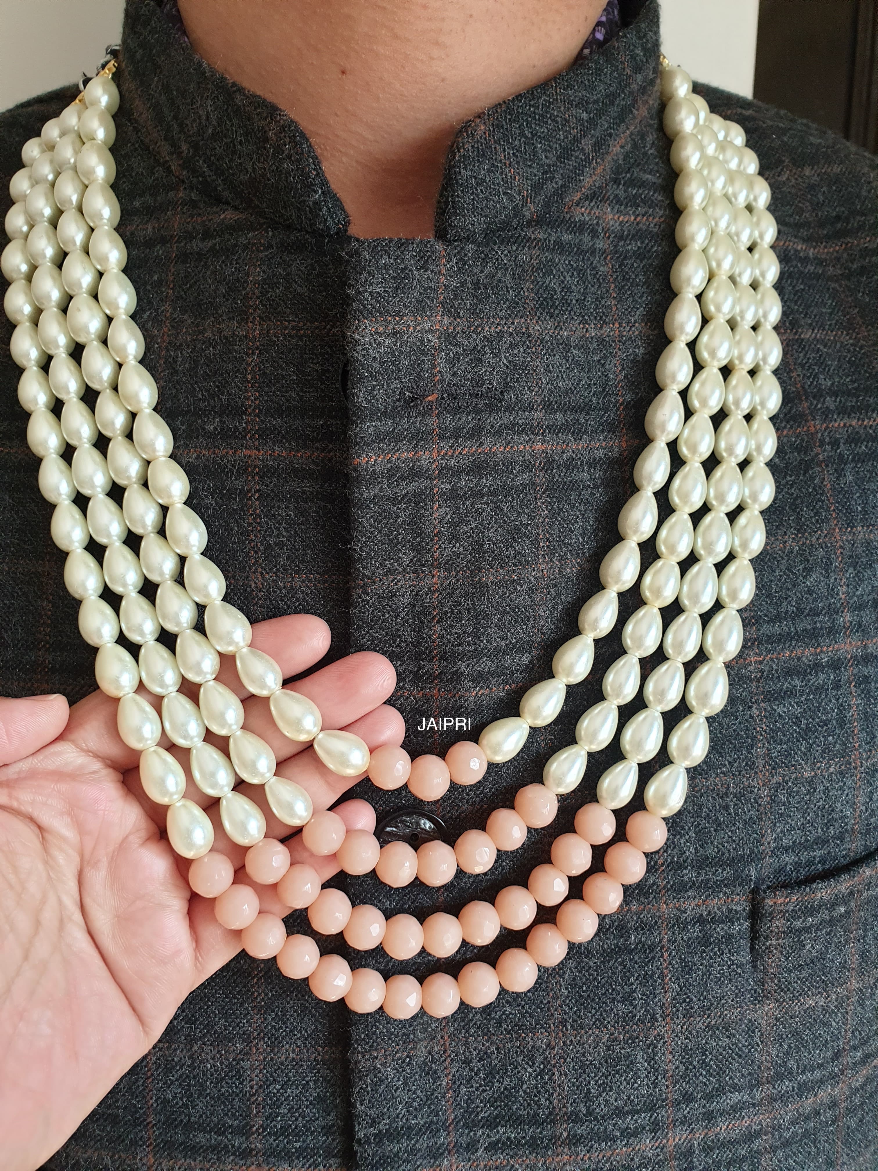 Four Layered Pearl And Peach Beads Groom Necklace