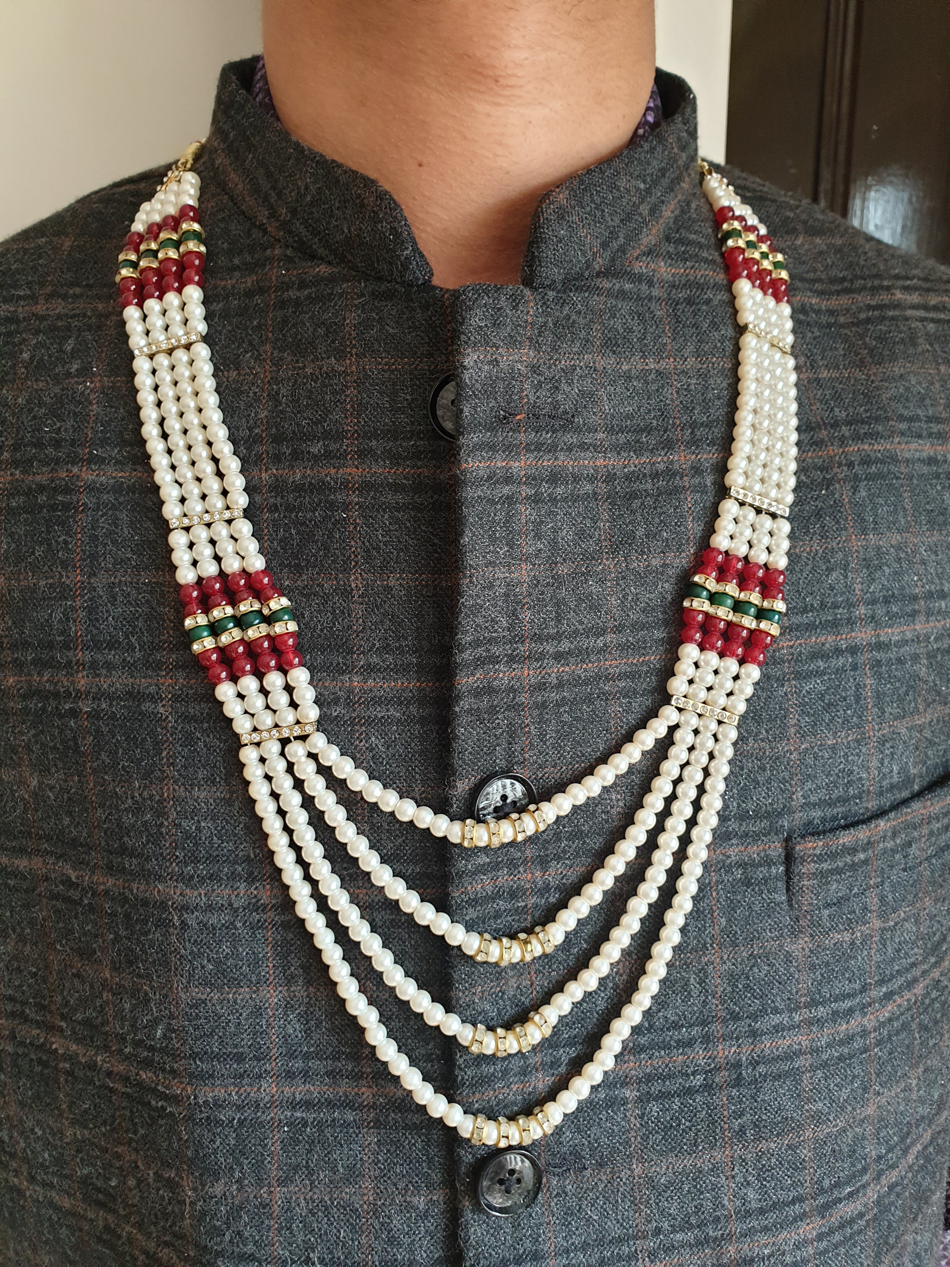 Red Green Stone And Pearl Groom Necklace