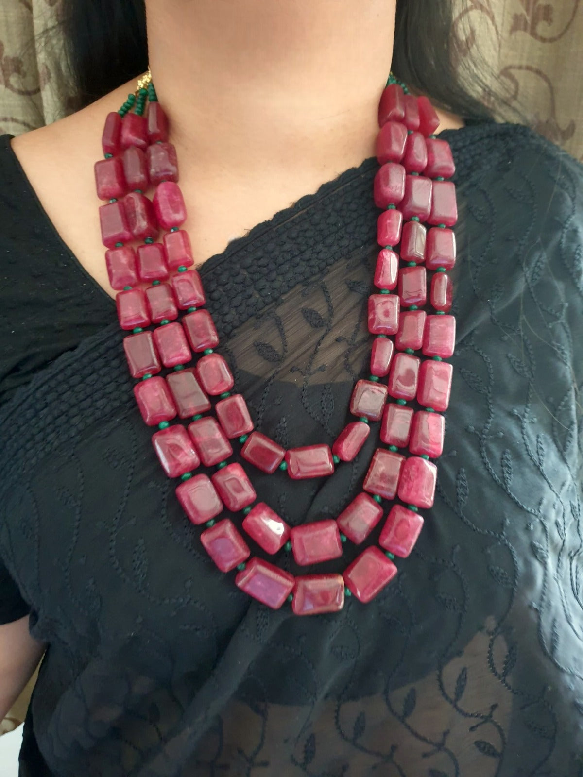 Ruby Color Rectangular Semi Precious Beads Necklace
