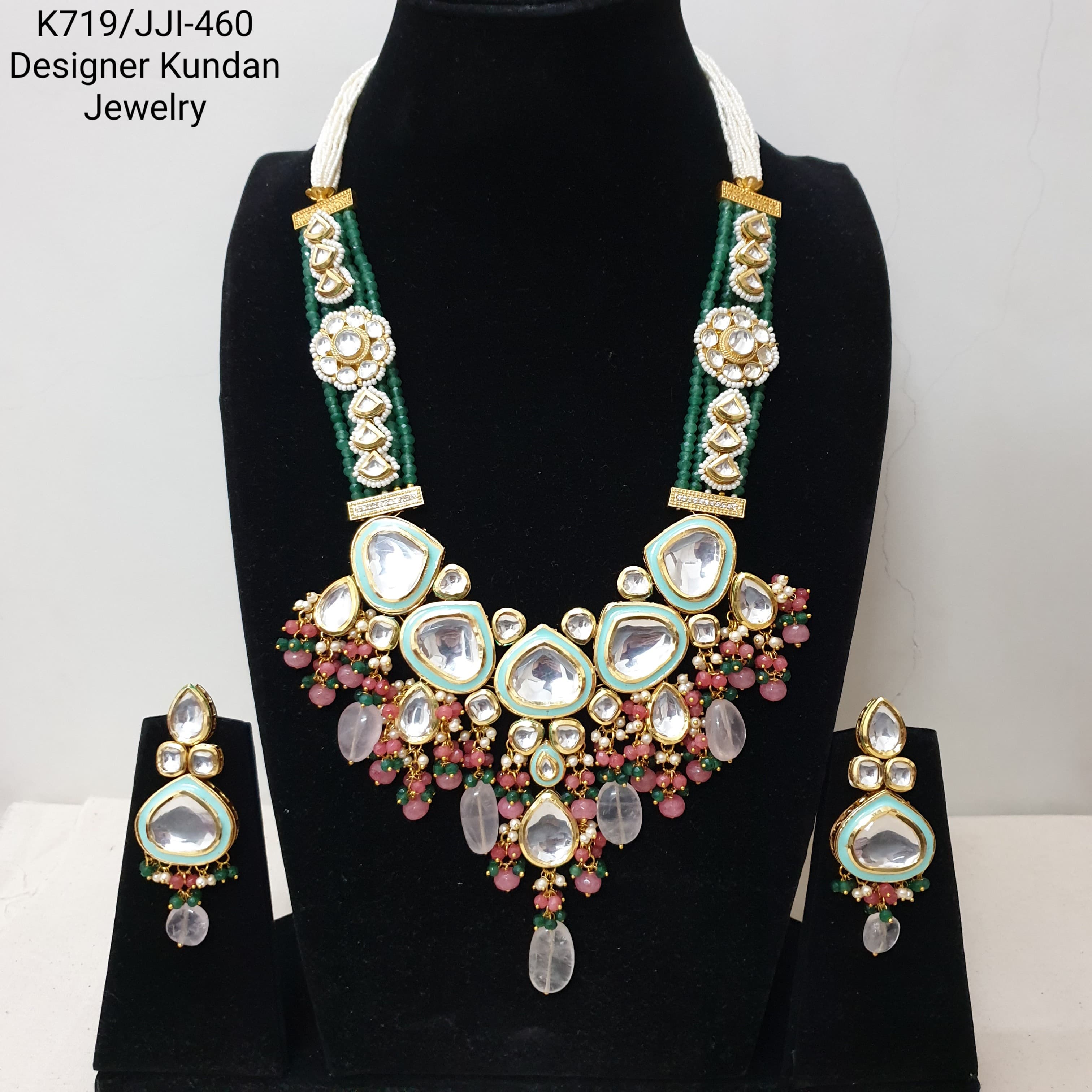 Green Kundan Meenakari Long Necklace Set With Earrings