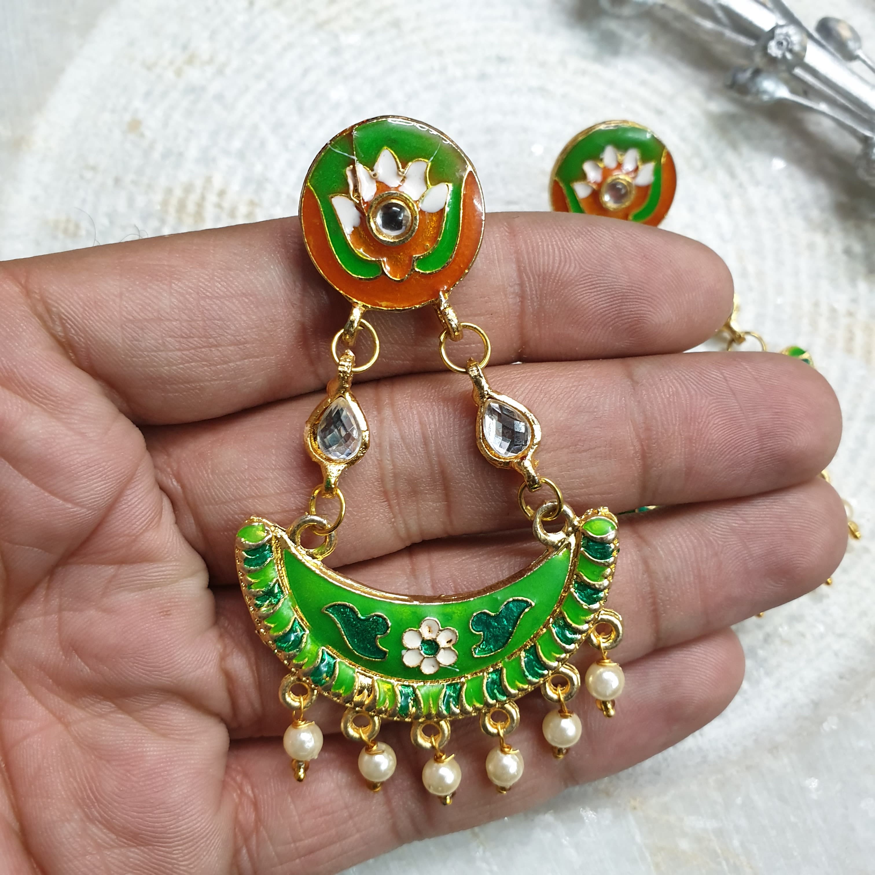 Light Weight Green Orange Meenakari Earrings