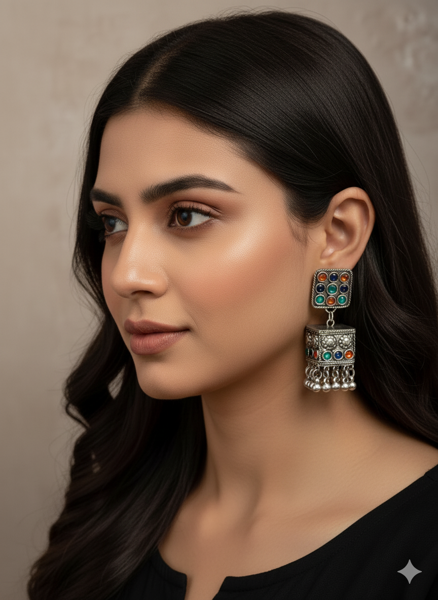 Multi Stone Oxidised Silver Jhumki Earrings