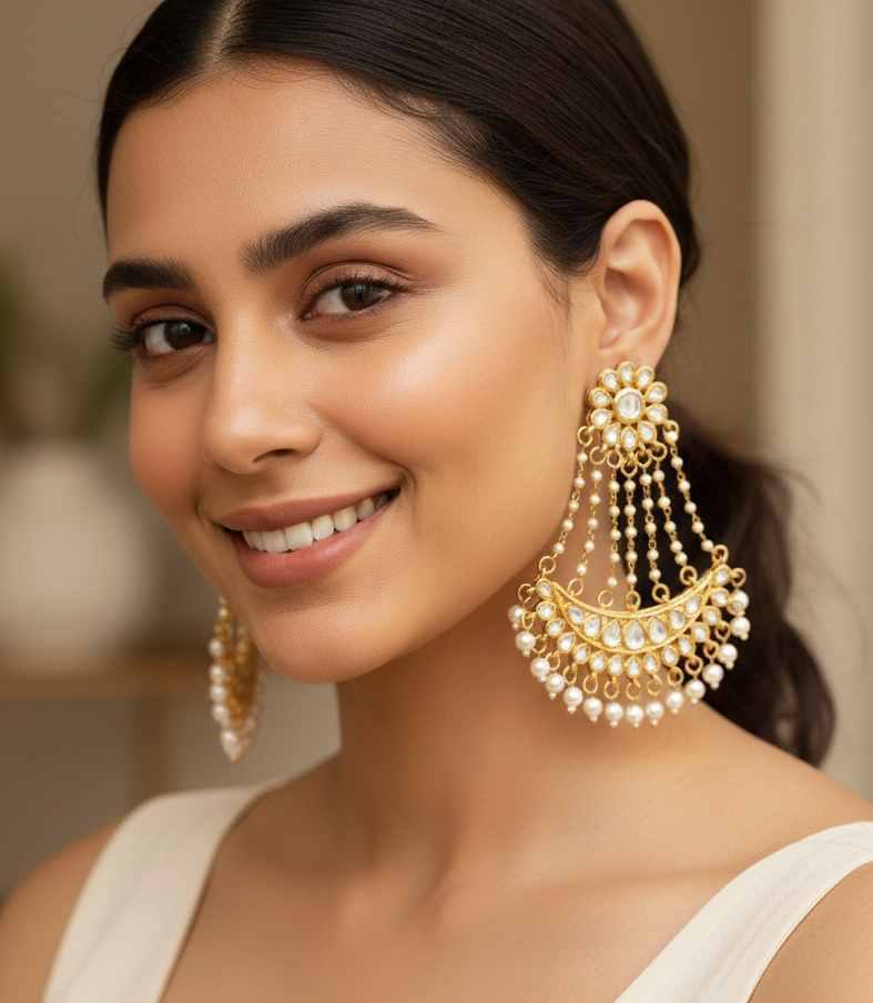 Pink Kundan Chandbali Earrings 