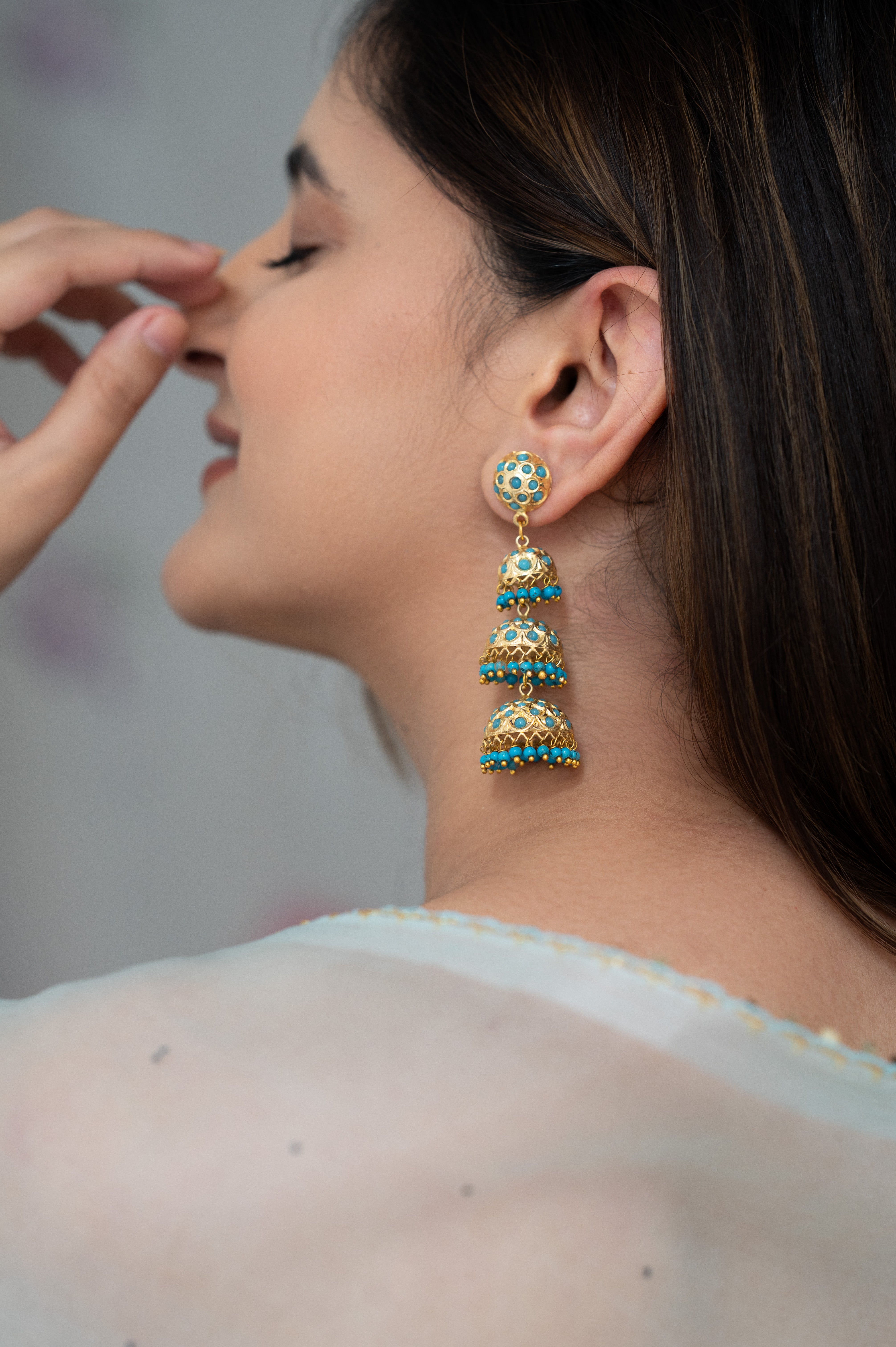 Three Layers Turquoise Jadau Jhumki Earrings