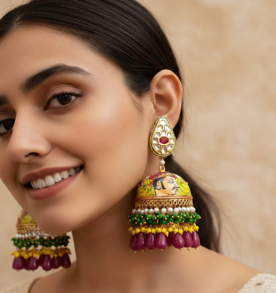 Hand Painted Kundan Jhumka Earrings with Bead Drops