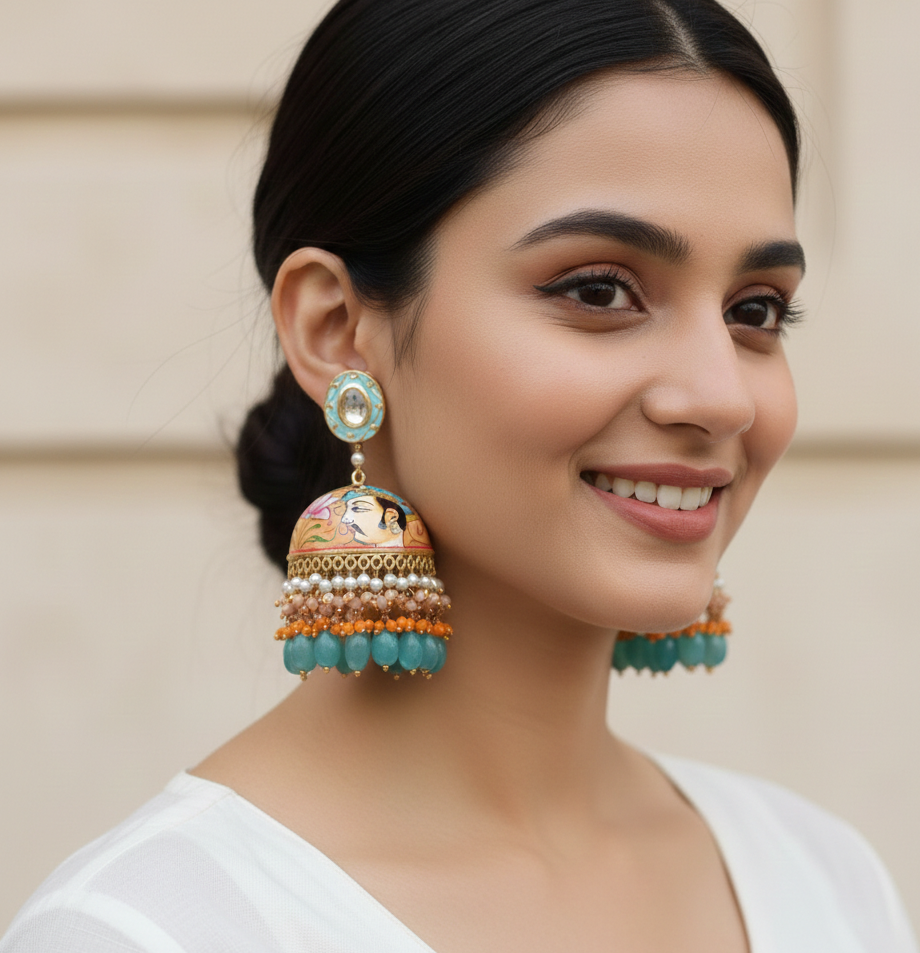 Blue Hand Painted Kundan Jhumka Earrings