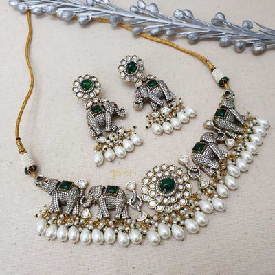 Pearl & Green Stone Elephant Design Necklace With Earrings