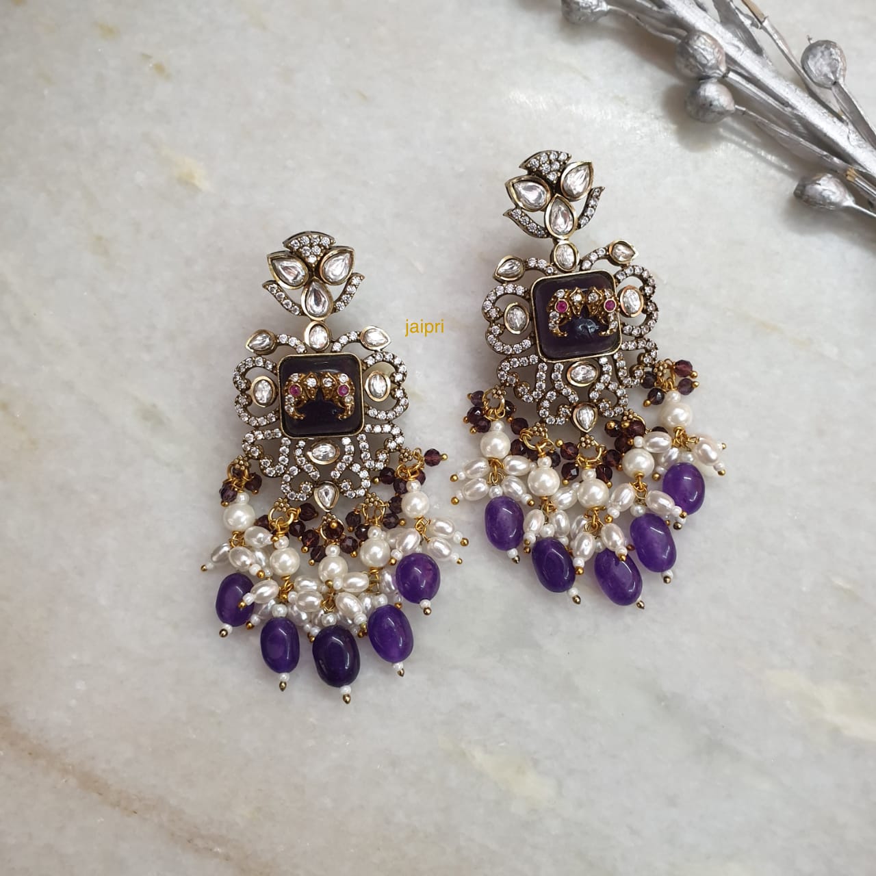 Kundan AD Fusion Purple Earrings