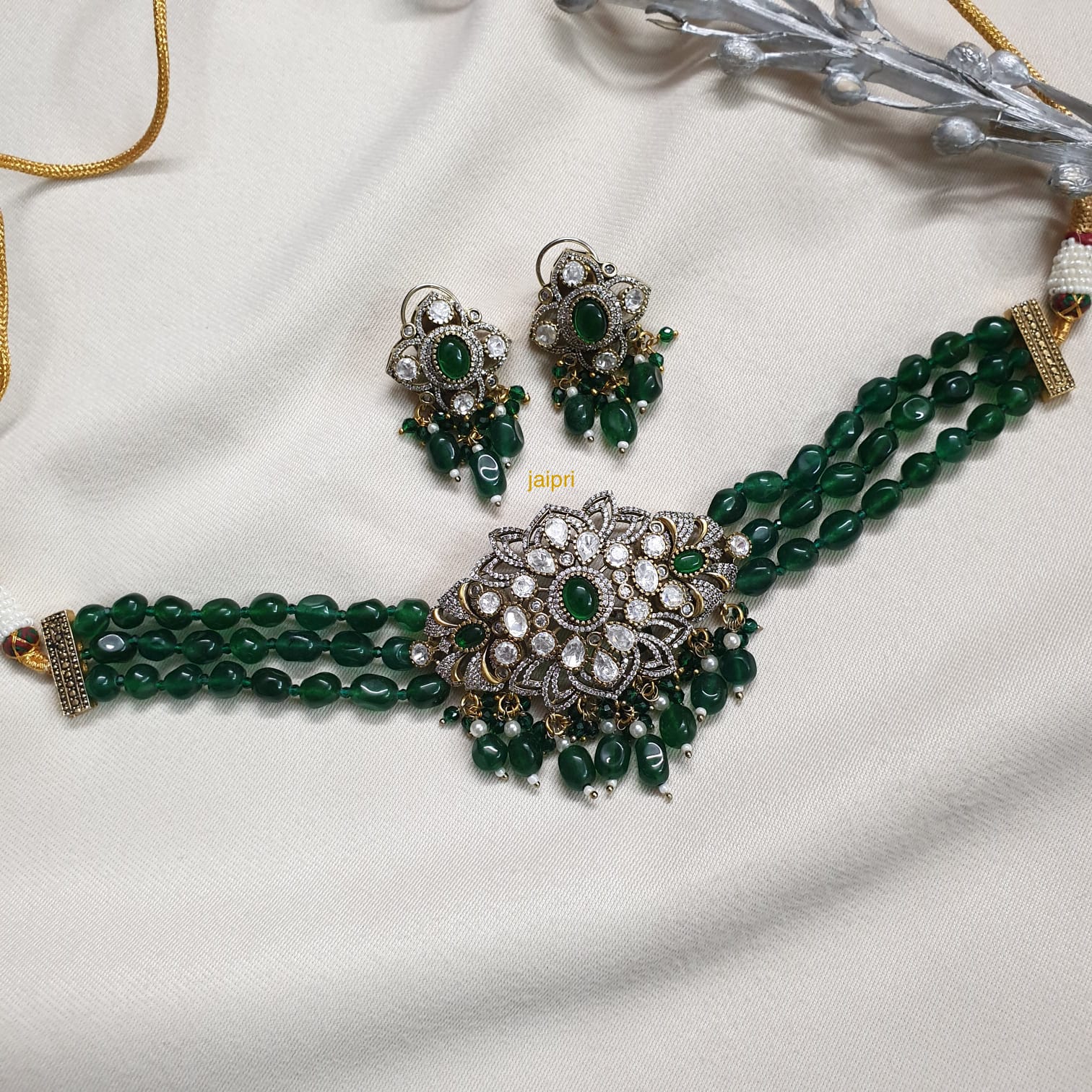 Emerald Green Moissanite Beaded Choker Neckace