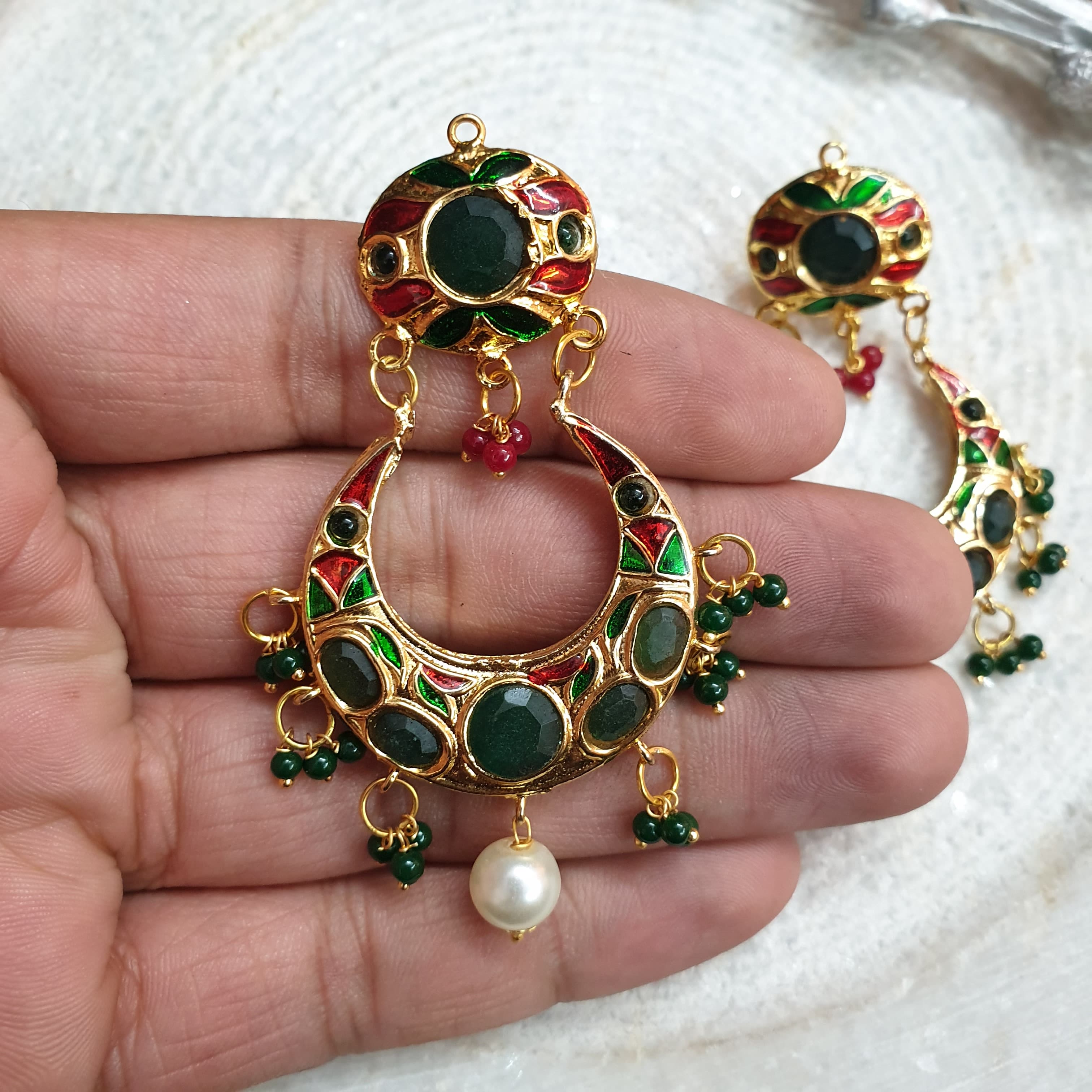 Emerald Green Stone Jadau Chandbali Earrings