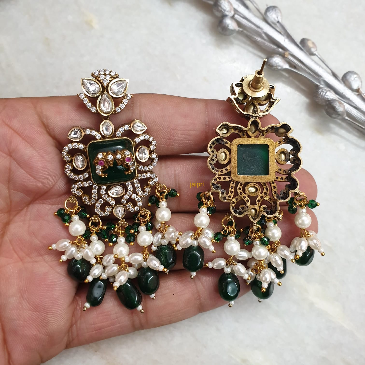 Kundan AD Fusion Green Earrings