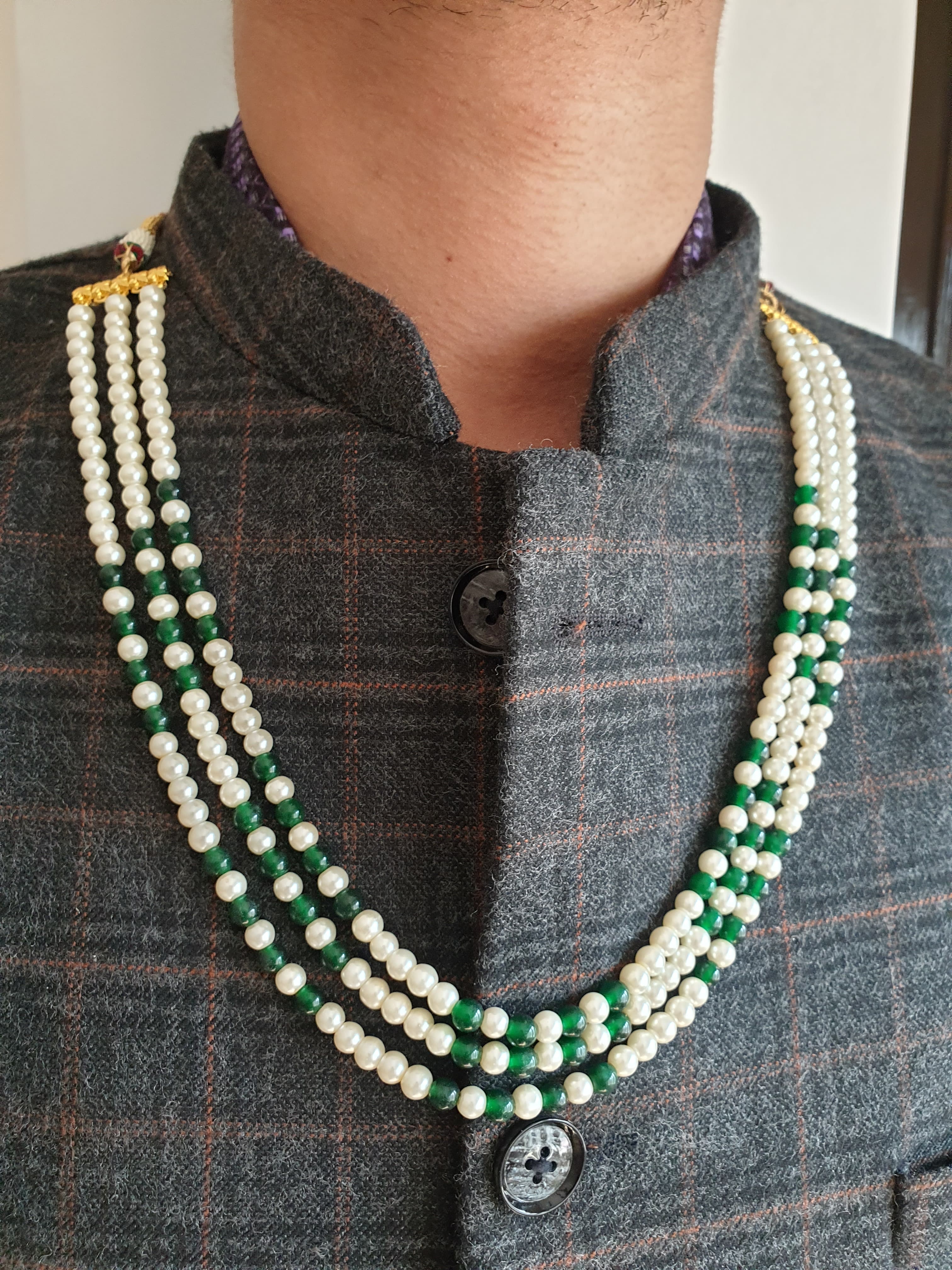 Three Layered Pearl And Green Stone Combo Groom Necklace