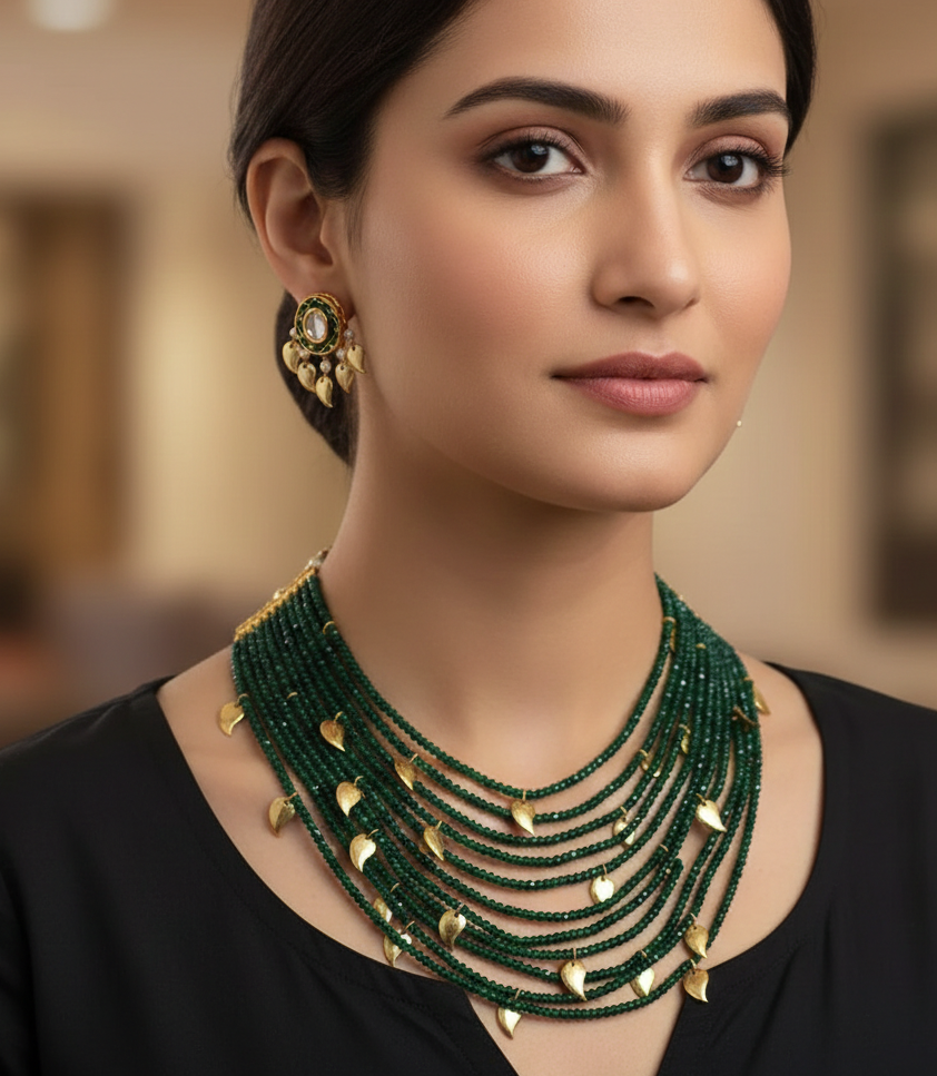 Green Beaded Golden Petals Necklace With Earrings