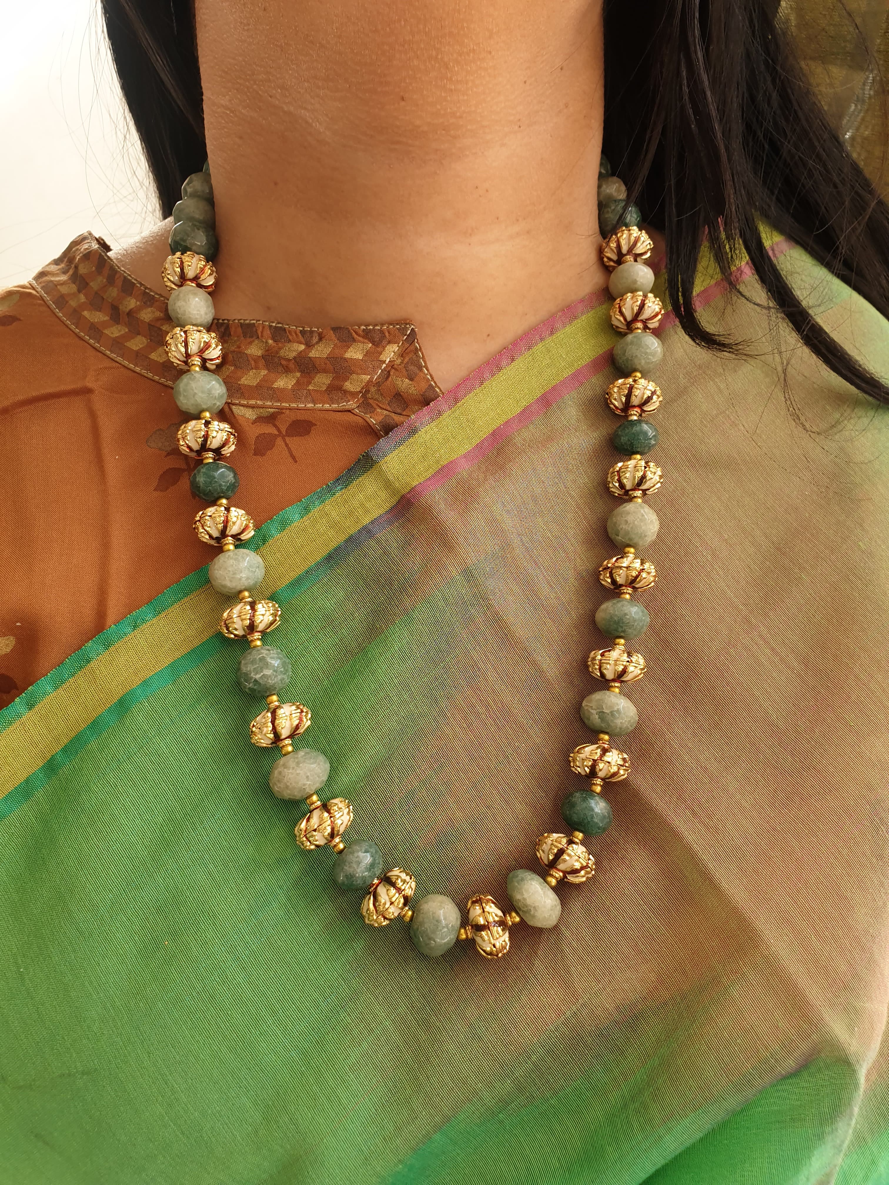 Emerald Green Onyx Meenakari Bead Necklace With Earrings