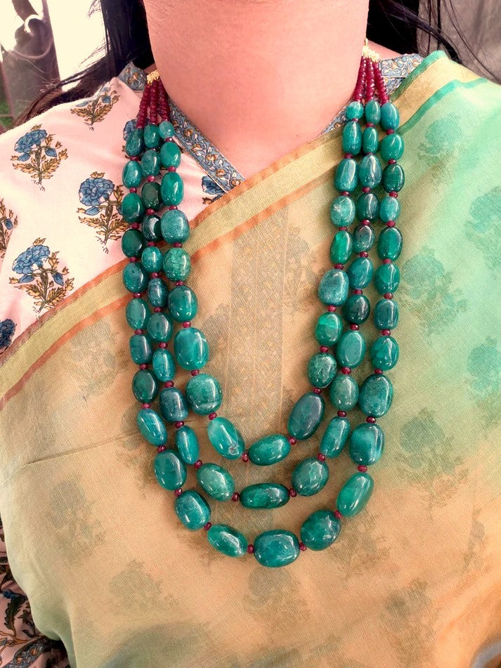 Emerald Green Color Bead Three Layered Necklace