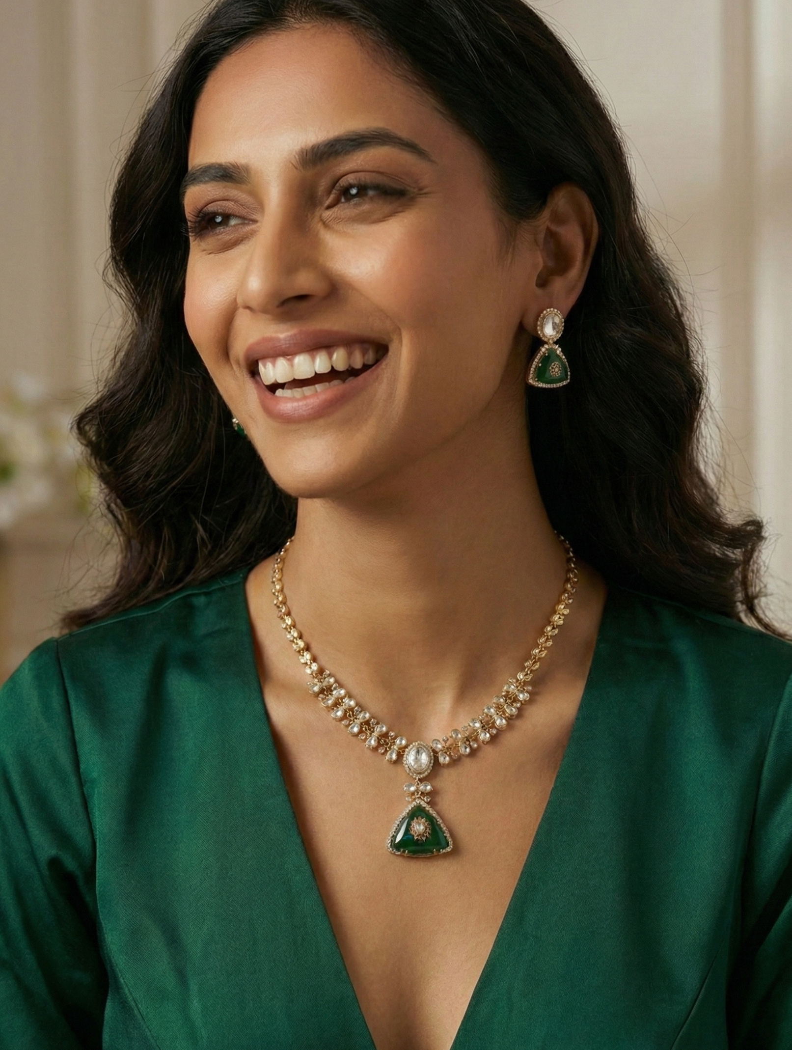 Emerald Green Stone Kundan Delicate Chain Necklace Set