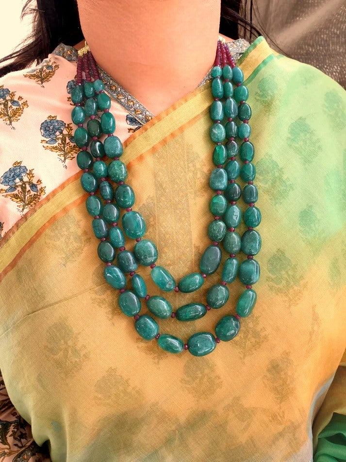 Emerald Green Color Bead Three Layered Necklace