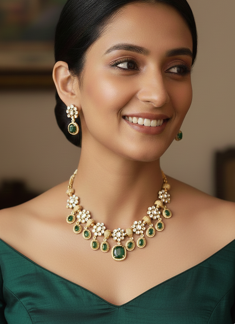 Emerald Polki American Diamond Drop Necklace