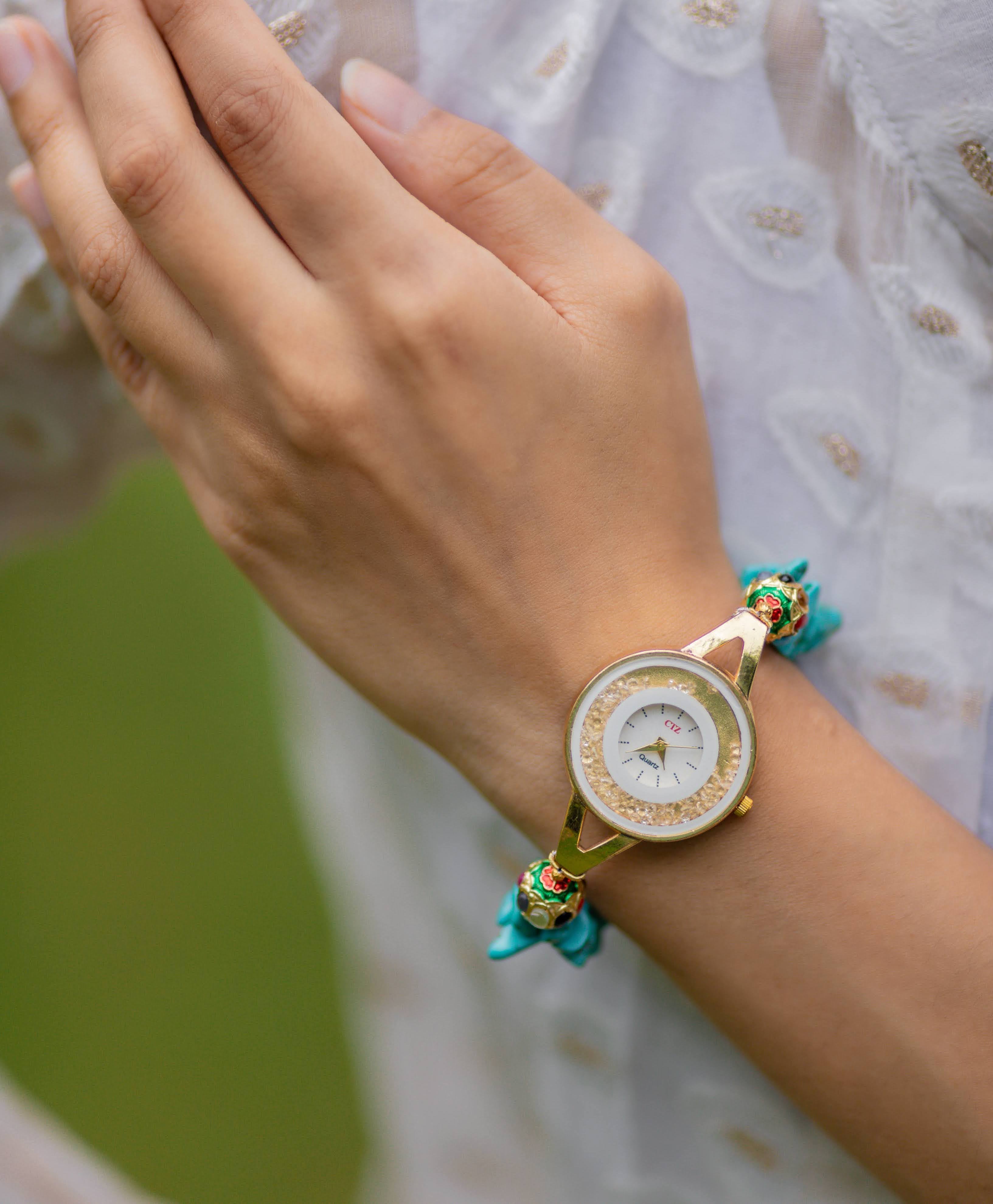 Turquoise Uncut Jadau Bead Wrist Watch