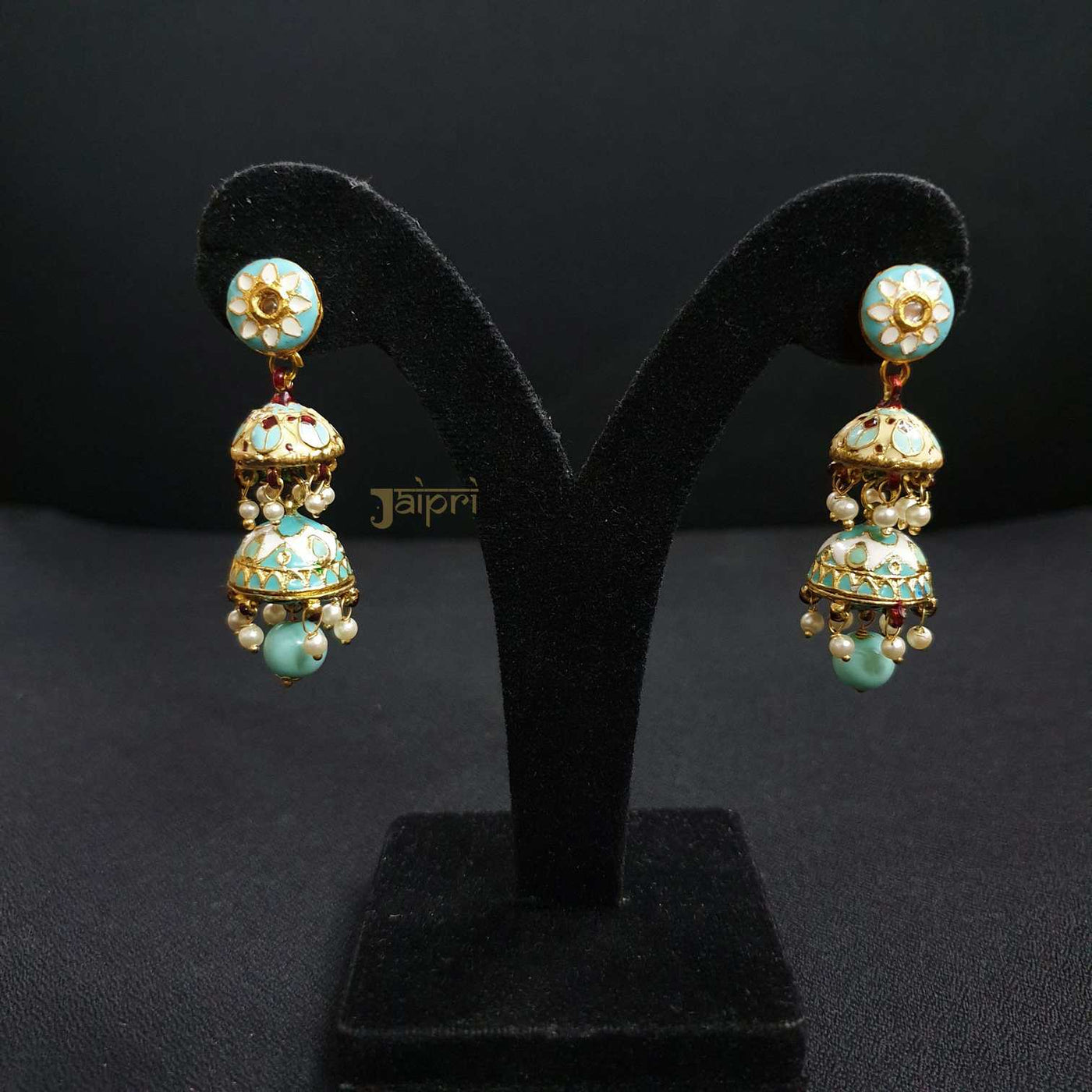 Turquoise Stone Meenakari Double Layer Jhumki Earrings