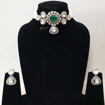 Adorable Green Stone Kundan Necklace With Earrings