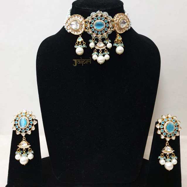 Floral Design Pearl & Aqua Stone Necklace With Earrings