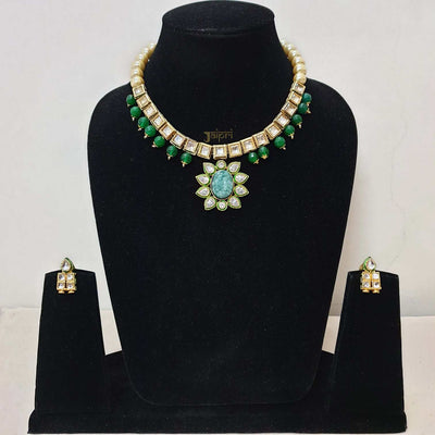 Floral Turquoise & Green Beads Stone Kundan Pendant With Earrings