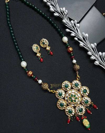 Green Beads Stone Kundan Floral Pendant With Earrings