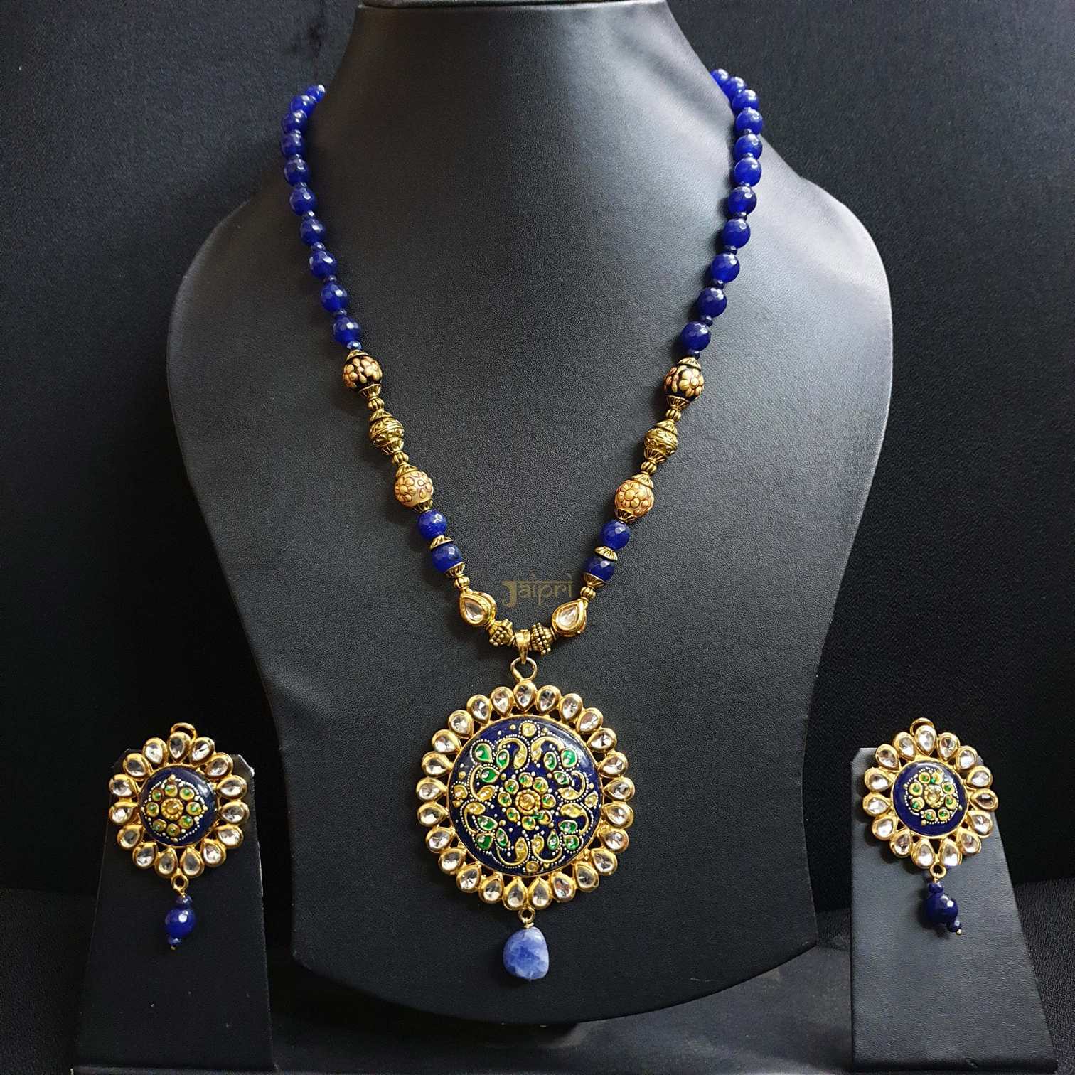 Blue Beads Stone Tanjore Pendant With Earrings