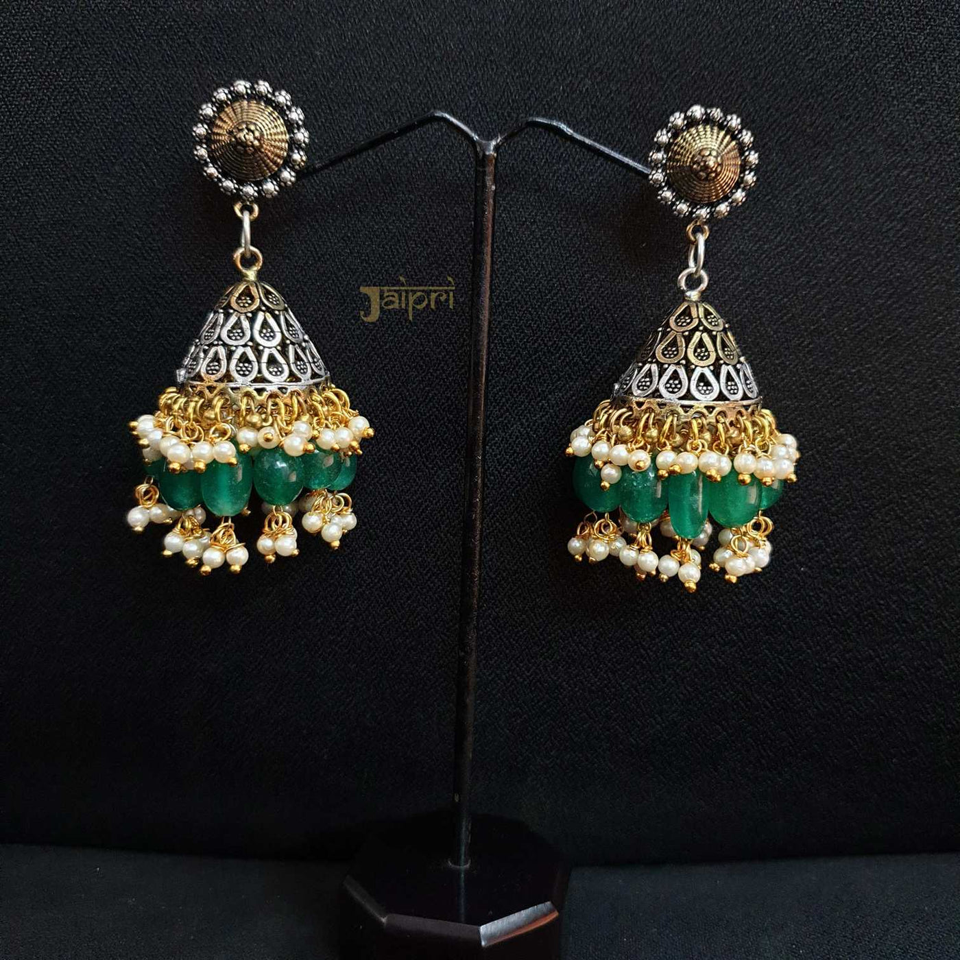Floral Design & Green Stone Stud Jhumki