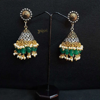 Floral Design & Green Stone Stud Jhumki